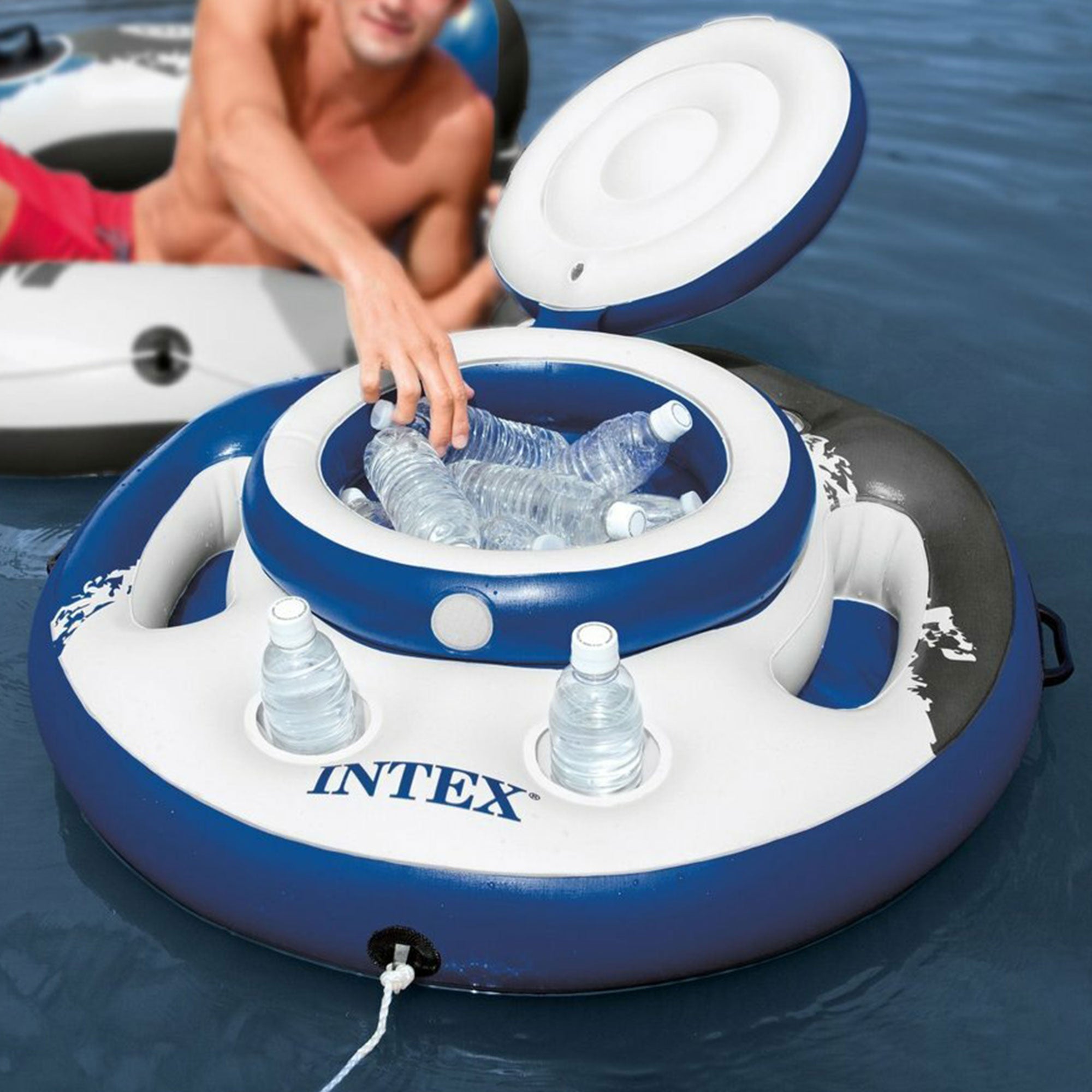 Inflatable Floating Cooler Bundled with 1 Person Lounger Floating Tube (2 Pack)