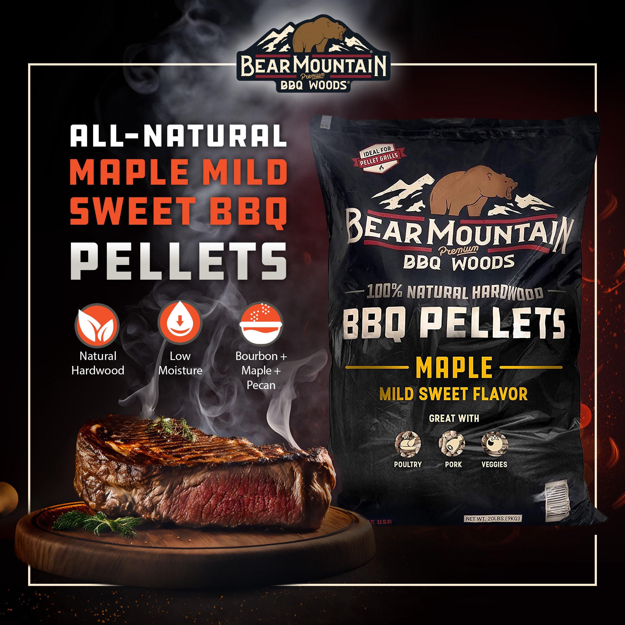 Bear Mountain BBQ 100% Natural Hardwood Maple Sweet Flavor Pellets, 20 Pounds