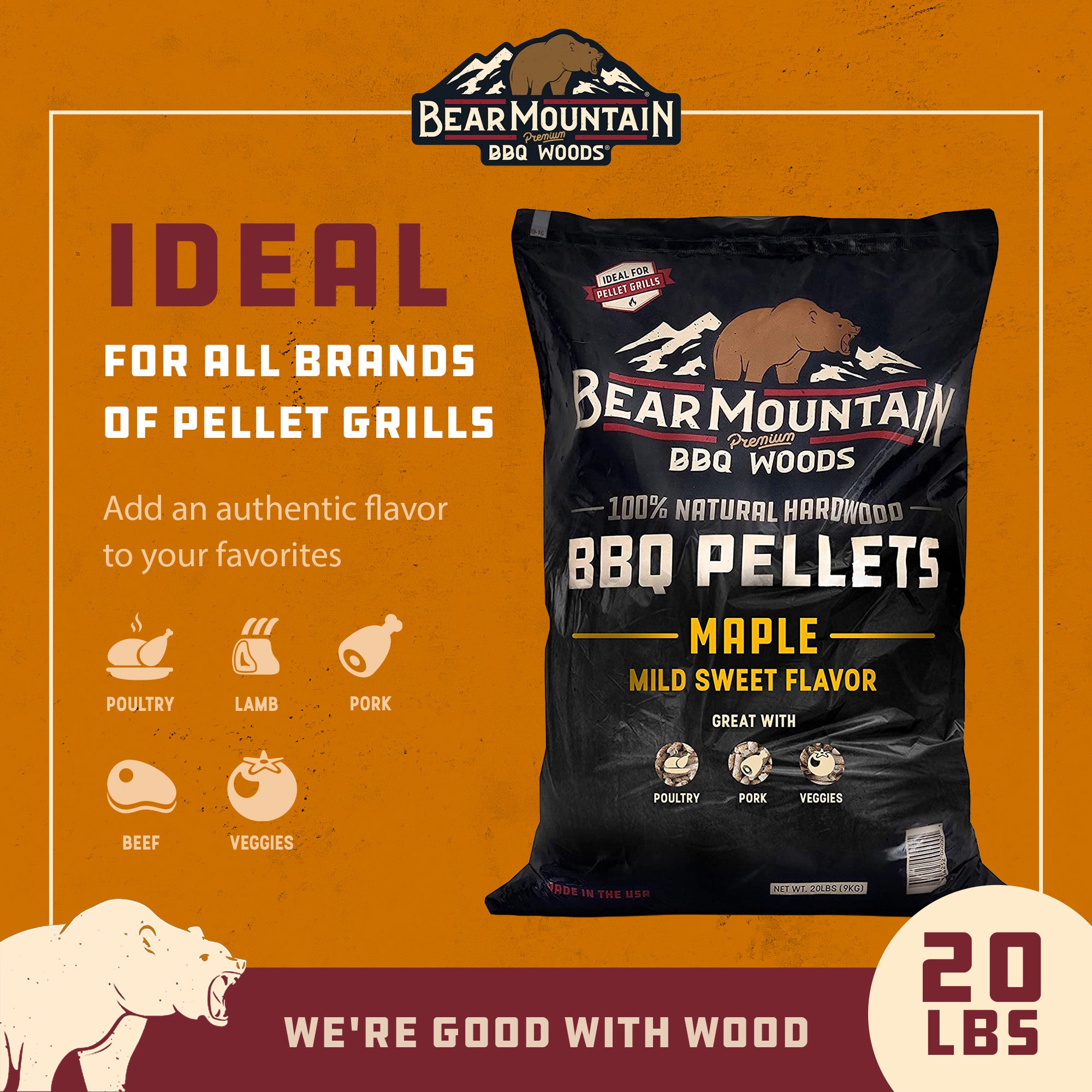 Bear Mountain BBQ 100% Natural Hardwood Maple Sweet Flavor Pellets, 20 Pounds - VMInnovations