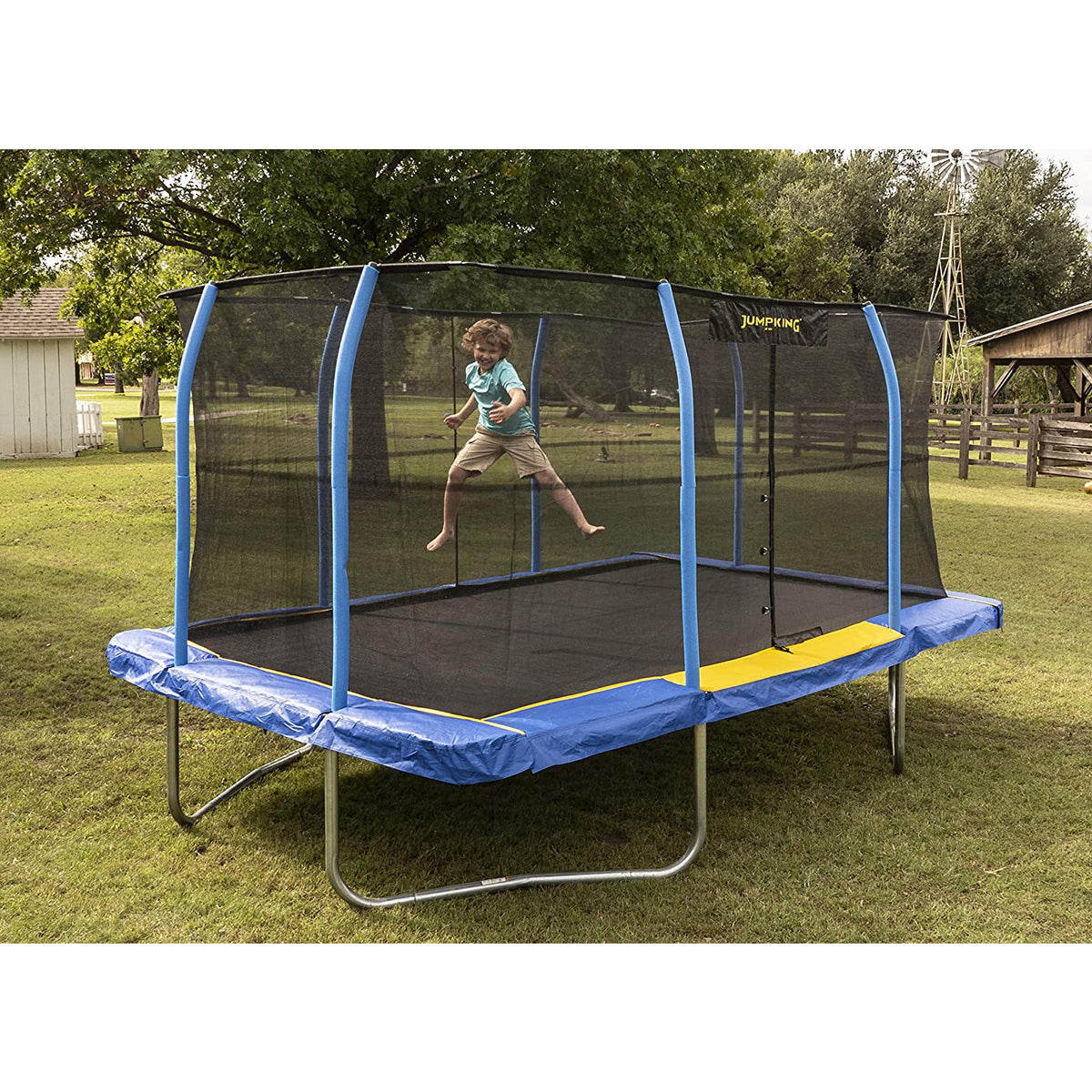 JumpKing Rectangular 10 x 15 Foot Trampoline Combo with Net & Pad, Blue/Yellow