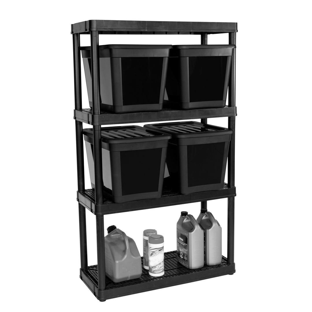 Gracious Living 4 Shelf Ventilated Garage Shelving Kit with 4 Bins & Lids, Black - VMInnovations