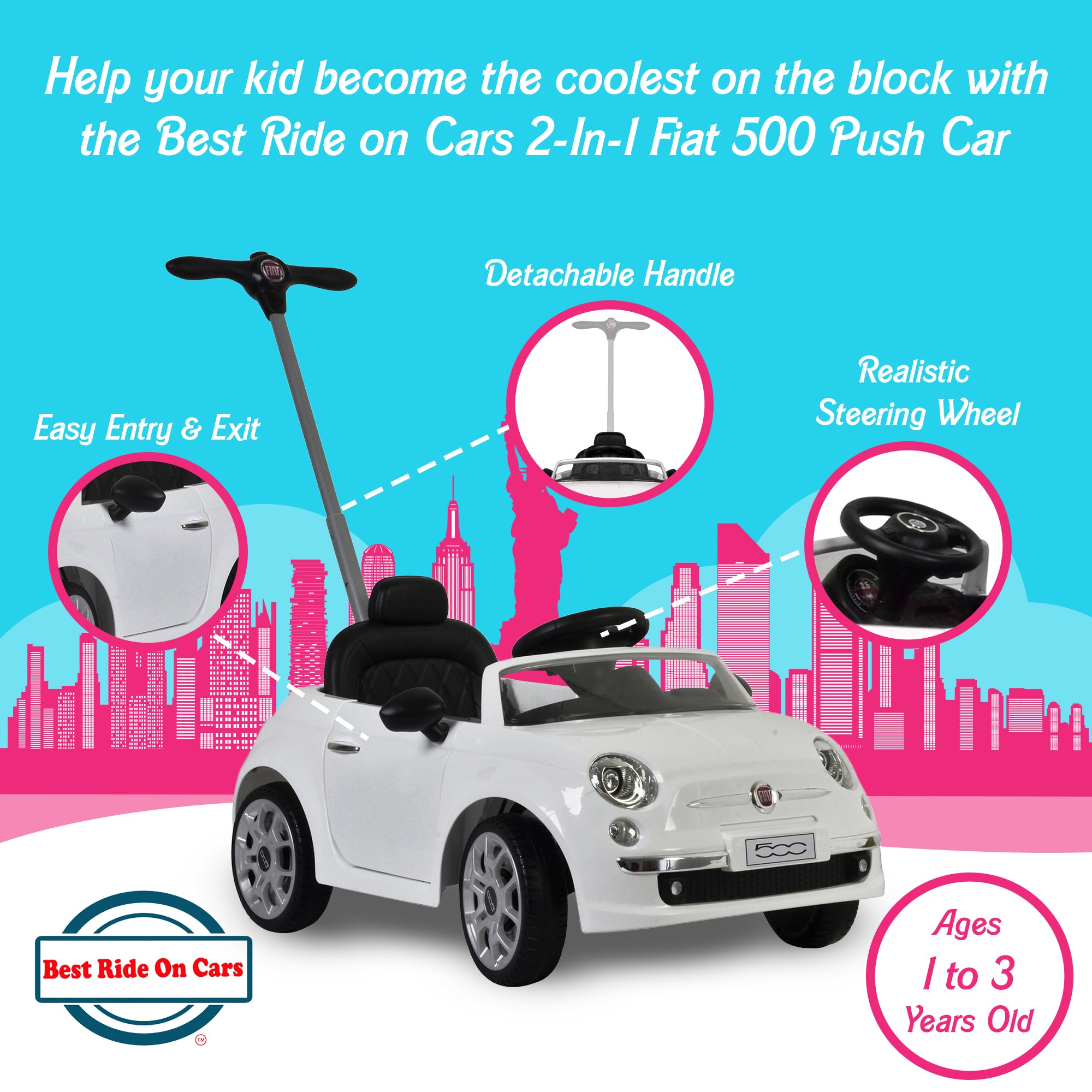 Best Ride On Cars 2-in-1 Fiat 500 Model Toddler Push Car Stroller (For Parts) - VMInnovations