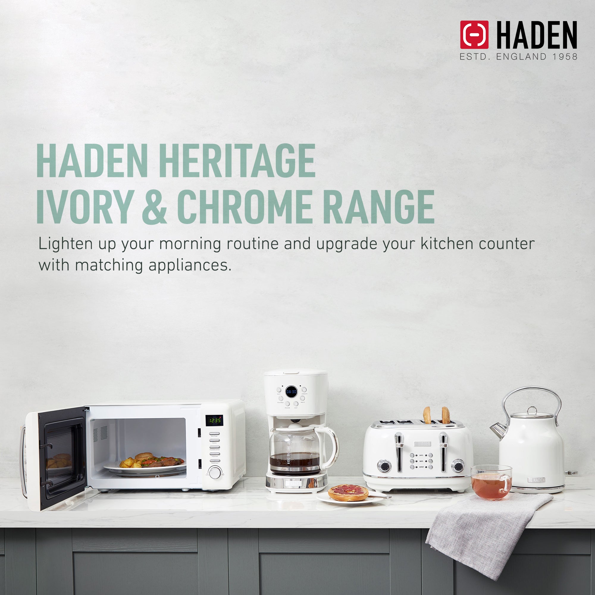 Haden Heritage 1.7 L Steel Electric Water Kettle & 0.7 Cu Ft Microwave, Ivory - VMInnovations