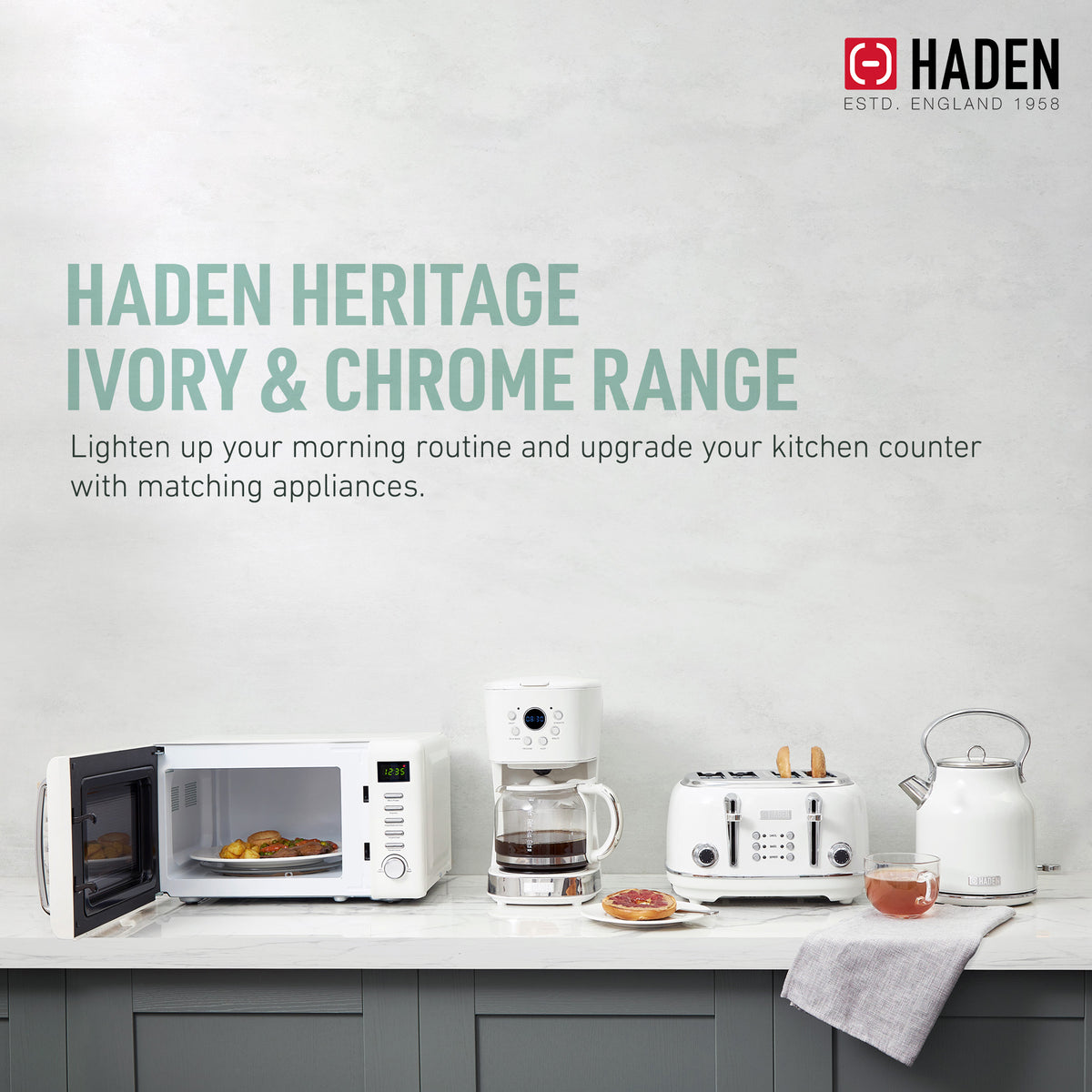 Haden Heritage 1.7 L Steel Electric Water Kettle & 0.7 Cu Ft Microwave, Ivory