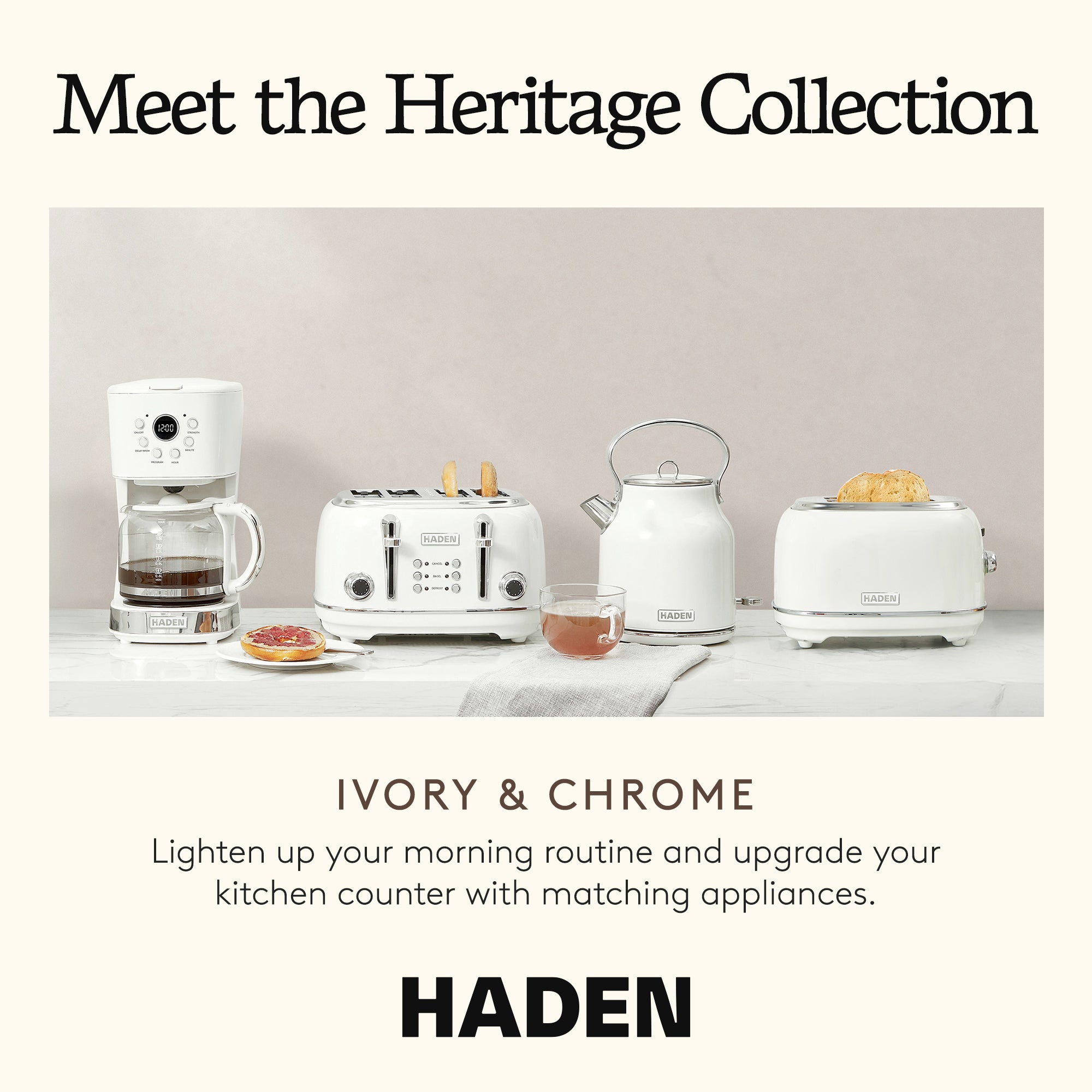 Haden Heritage 4 Slice Toaster & Dorset 1.7L Electric Water Kettle, Ivory/Chrome