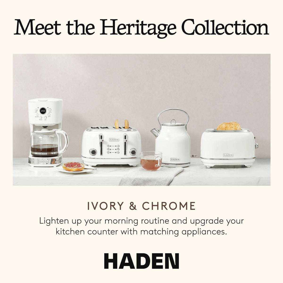 Haden Heritage 4 Slice Wide Slot Stainless Steel Toaster, Ivory/Chrome(Open Box) - VMInnovations