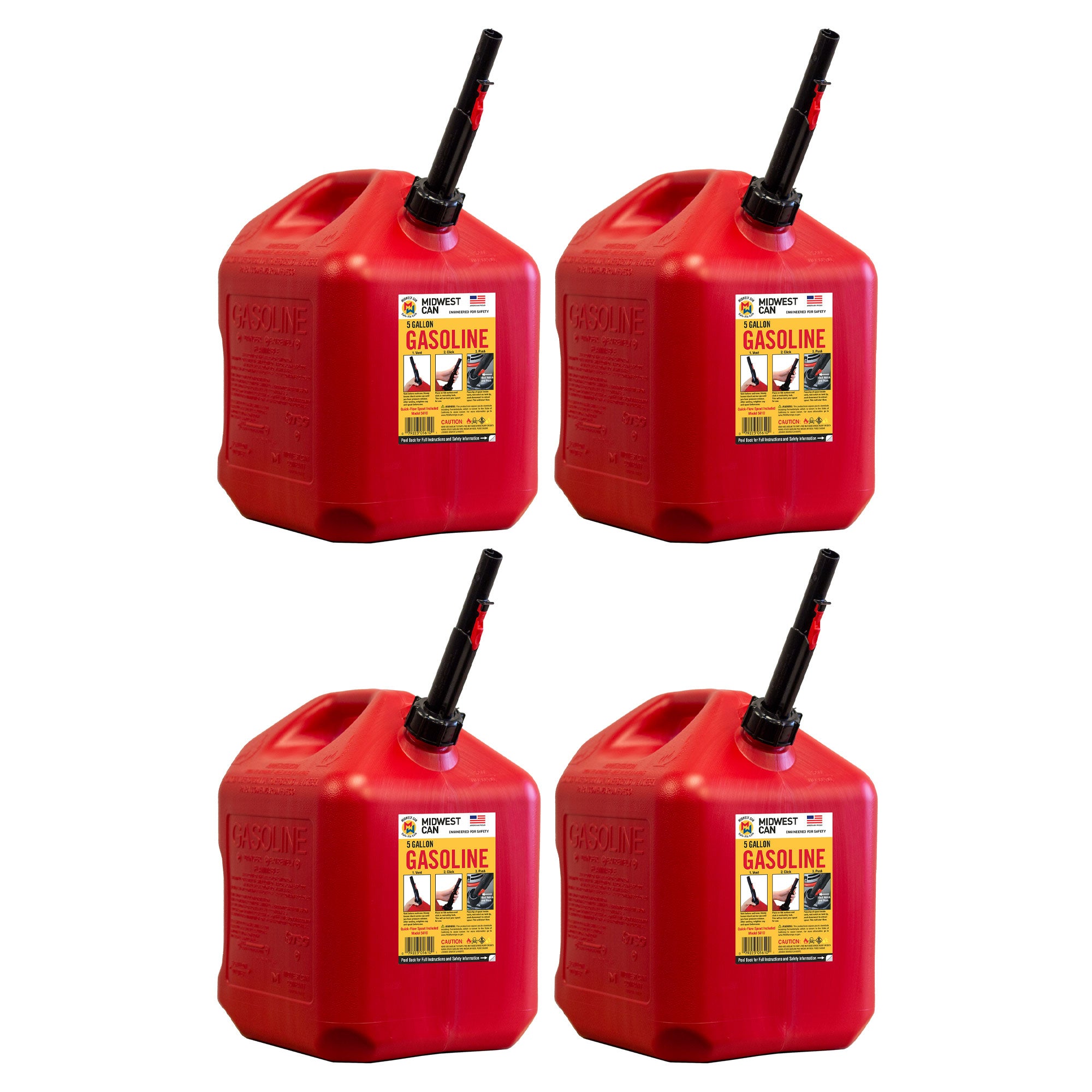 Midwest Can Company 5610 5 Gallon Gas Can Fuel Container Jugs w/ Spout (4 Pack) - VMInnovations