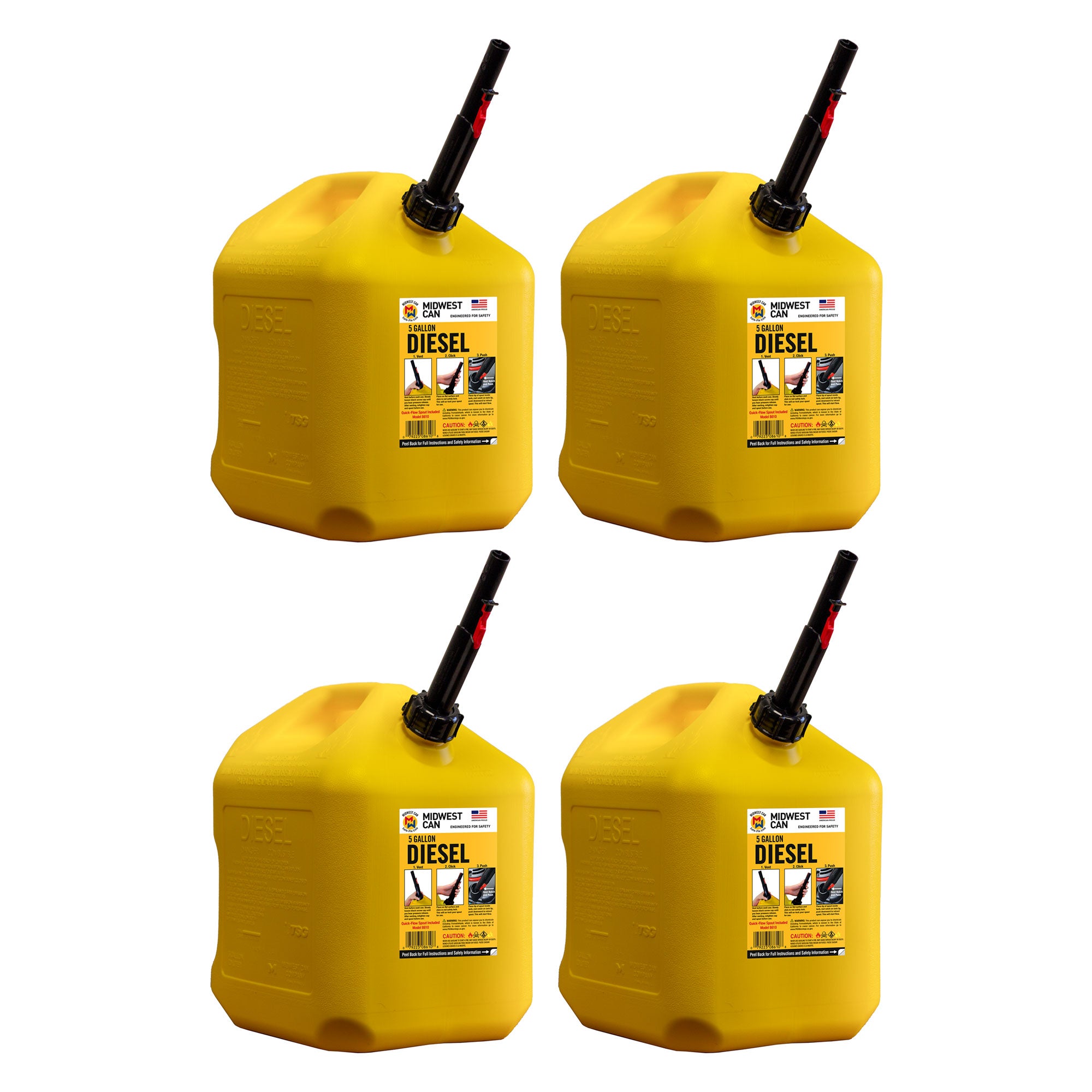 Midwest Can Company 5 Gallon Diesel Can Fuel Container w/ Auto Shut Off (4 Pack) - VMInnovations