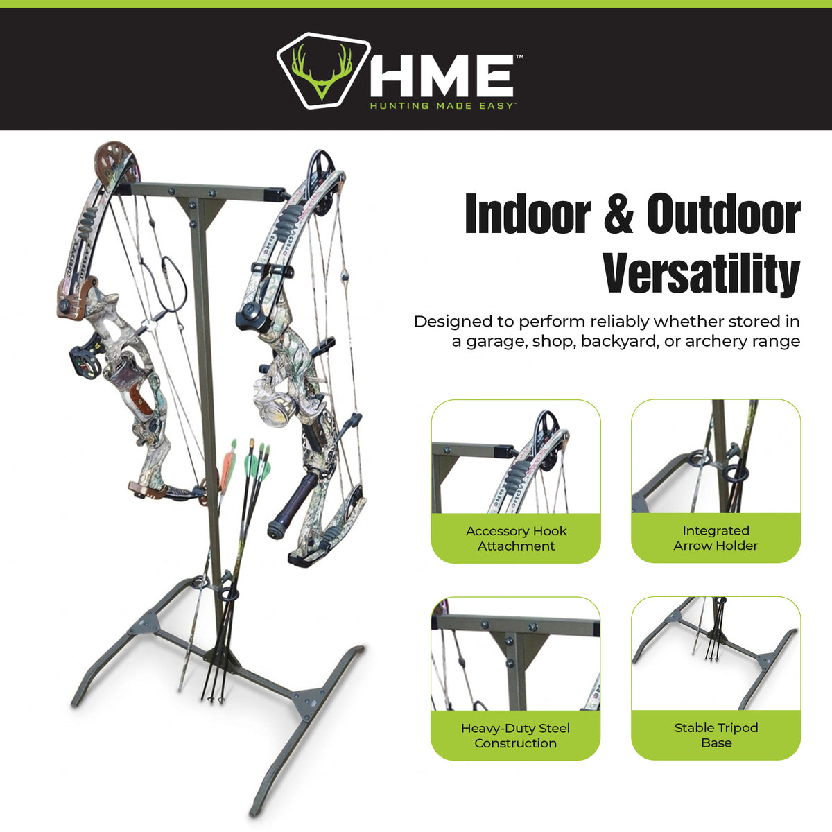 HME Hard Surface Practice Indoor Outdoor Steel Archery Bow Storage Hanger Rack