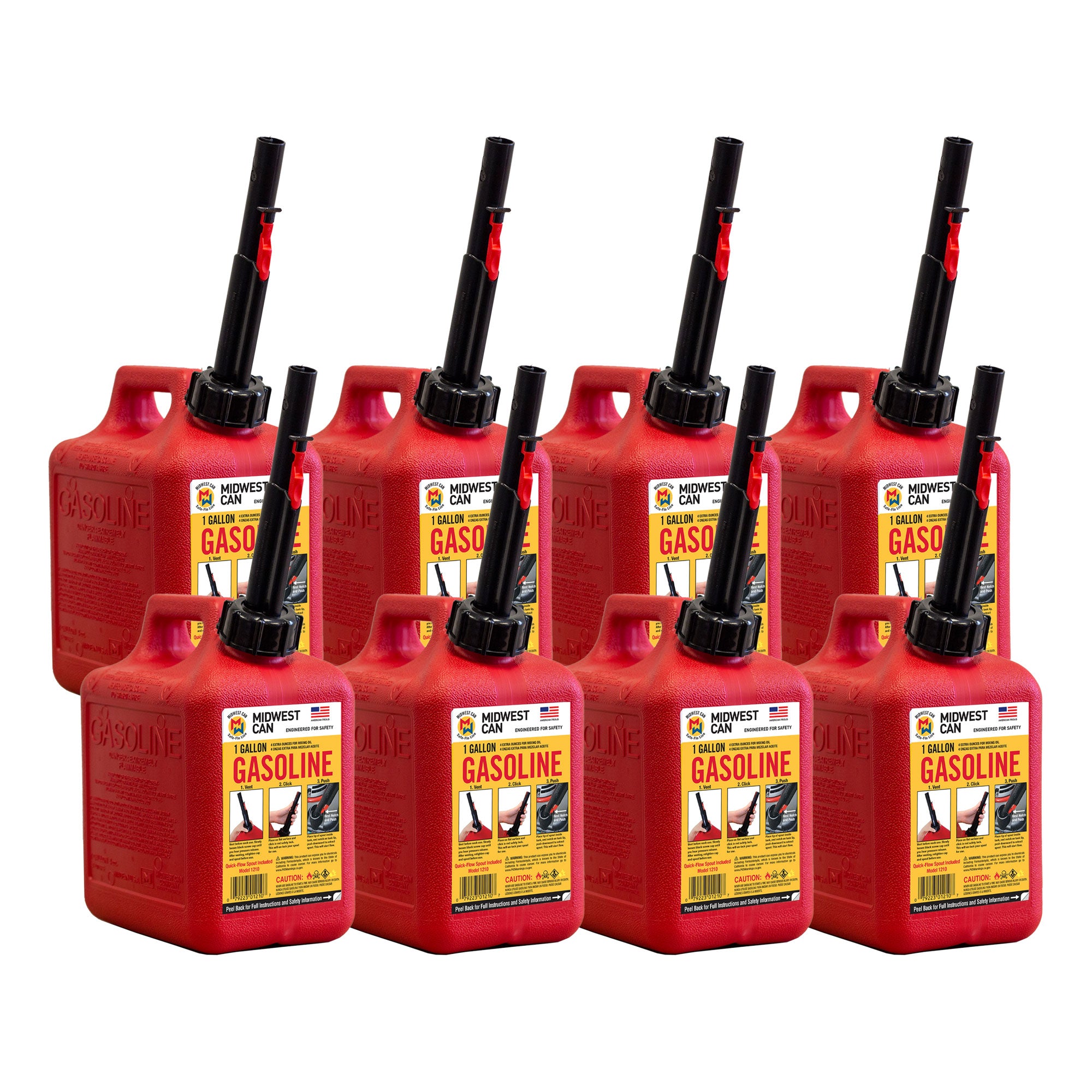 Midwest Can Company 1210 1 Gallon Gas Can Fuel Container Jugs w/ Spout (8 Pack) - VMInnovations