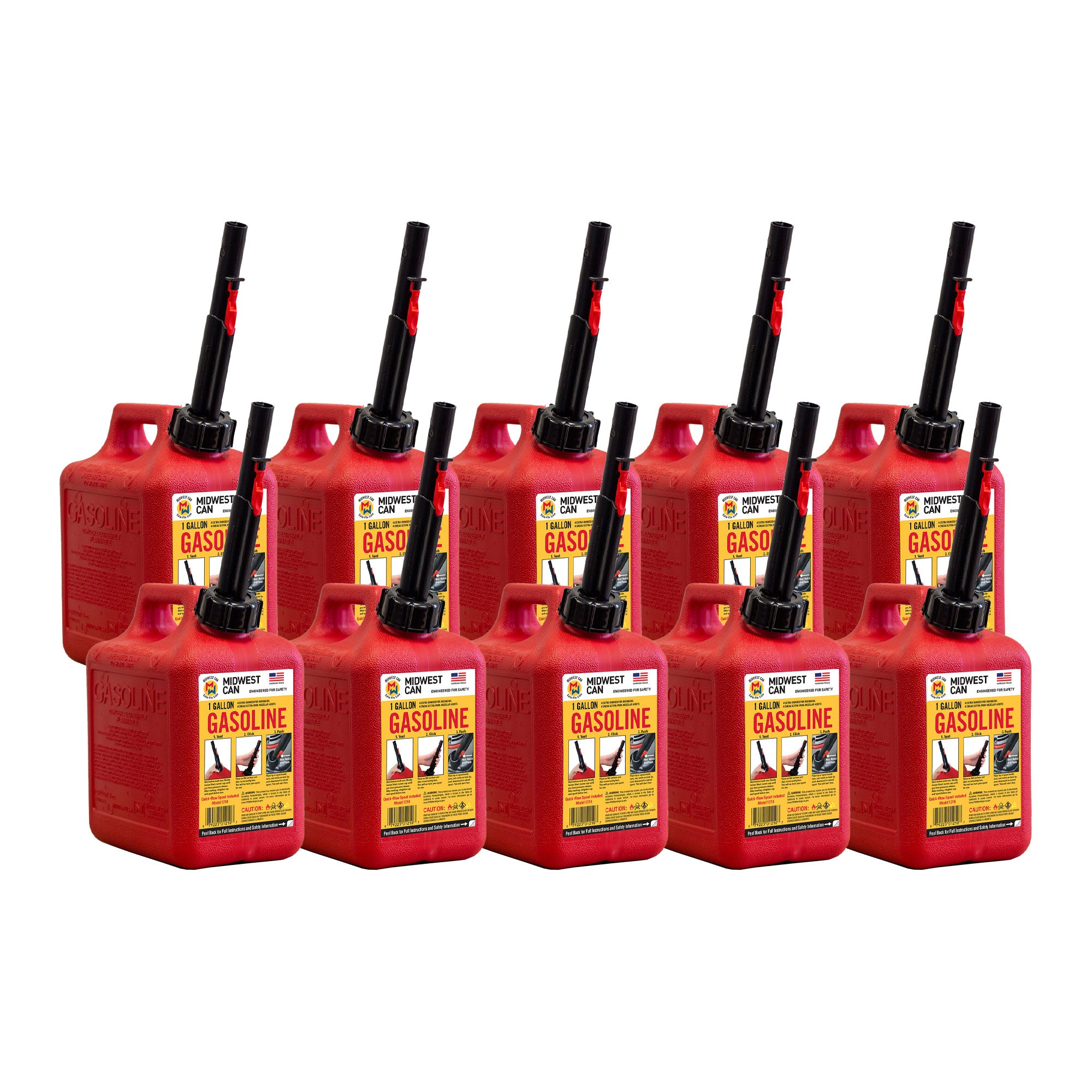 Midwest Can Company 1210 1 Gallon Gas Can Fuel Container Jugs & Spout (10 Pack) - VMInnovations