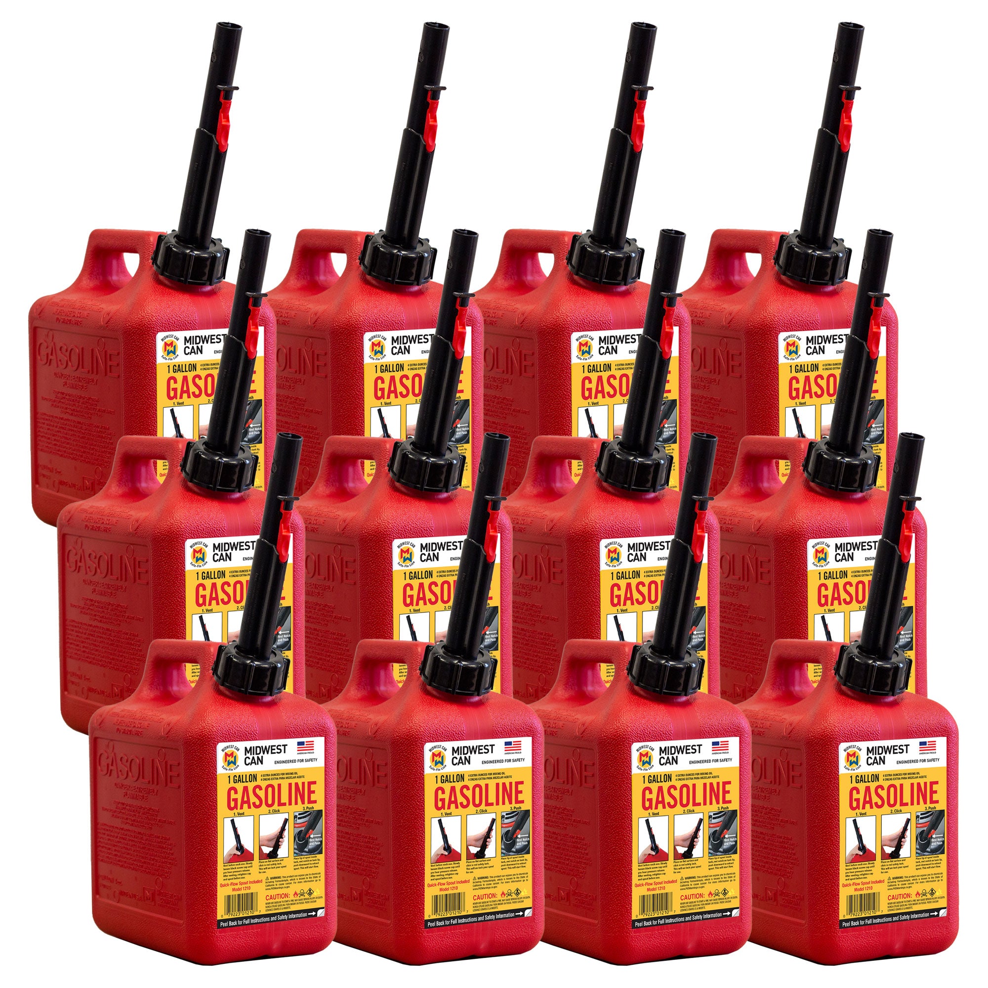 Midwest Can Company 1210 1 Gallon Gas Can Fuel Container Jugs & Spout (12 Pack) - VMInnovations