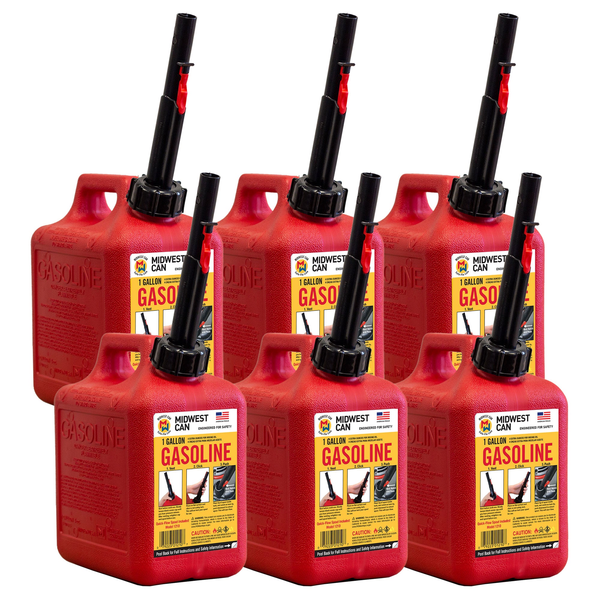 Midwest Can Company 1210 1 Gallon Gas Can Fuel Container Jugs w/ Spout (6 Pack) - VMInnovations