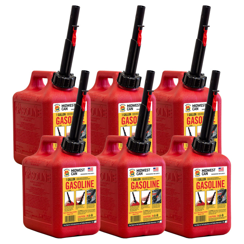 Midwest Can Company 1210 1 Gallon Gas Can Fuel Container Jugs w/ Spout (6 Pack)