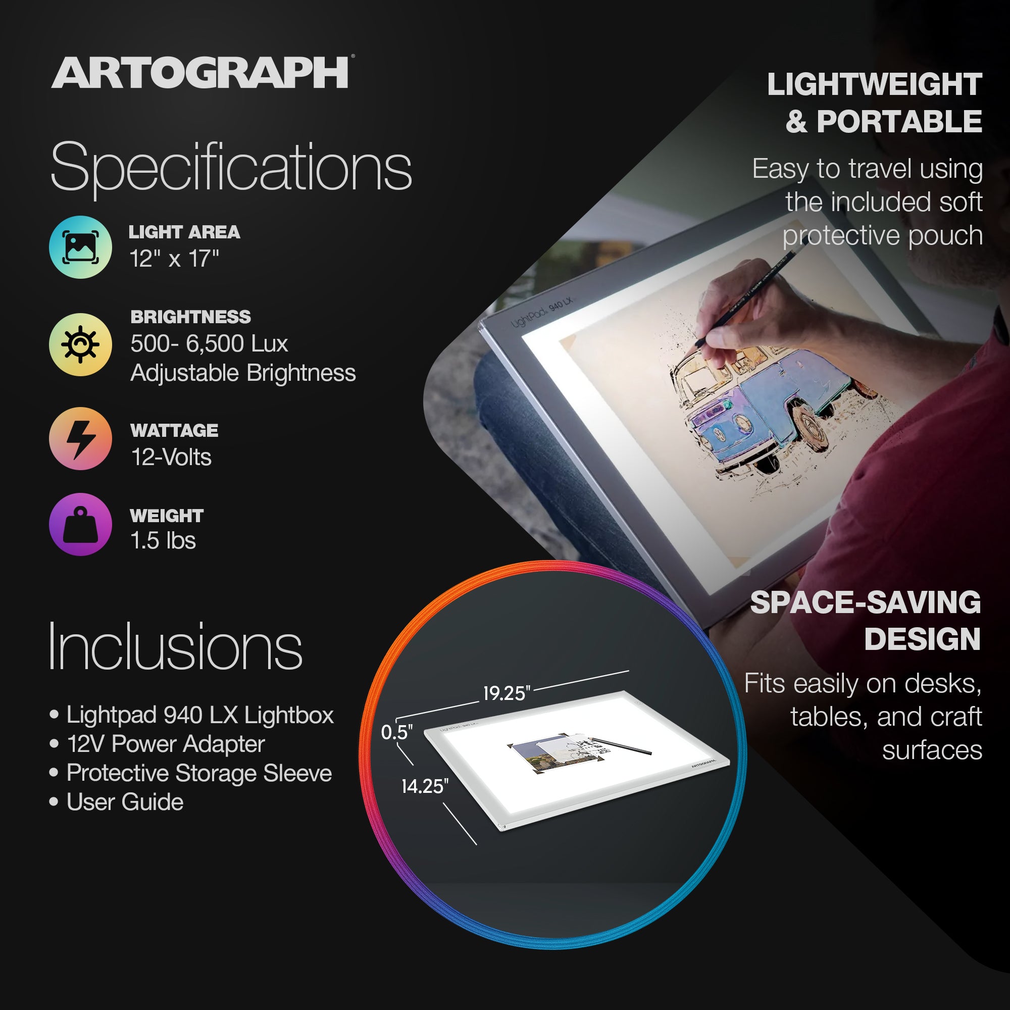 Artograph LightPad LX 940 12x17 Inch Art Tracing Light Box (Open Box) - VMInnovations
