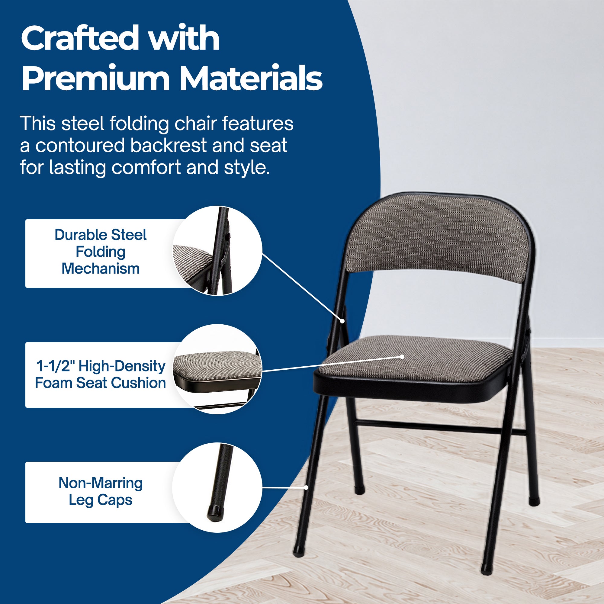 MECO Sudden Comfort Deluxe Metal Fabric Padded Folding Chair Set, Black (4 Pack)