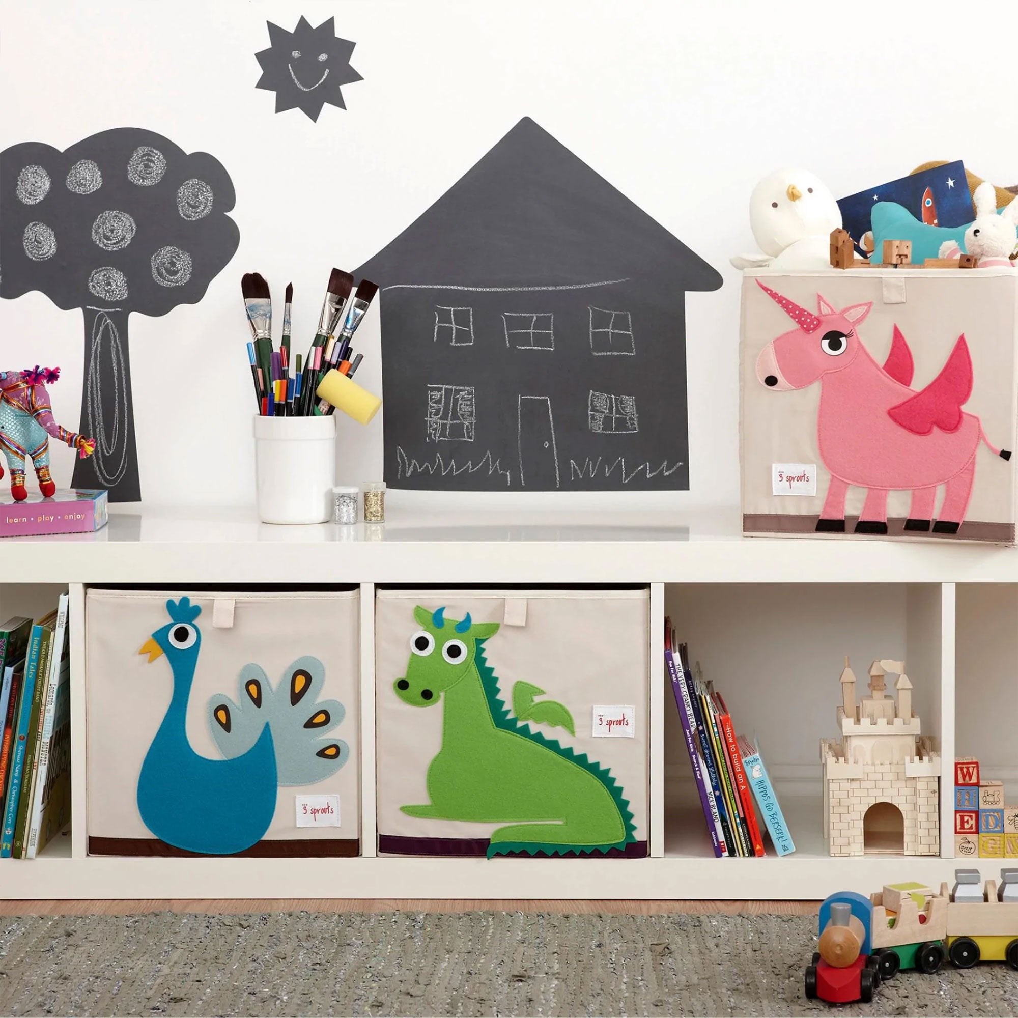 3 Sprouts Kids Childrens Foldable Felt Storage Cube Bin Box, Green Dragon - VMInnovations
