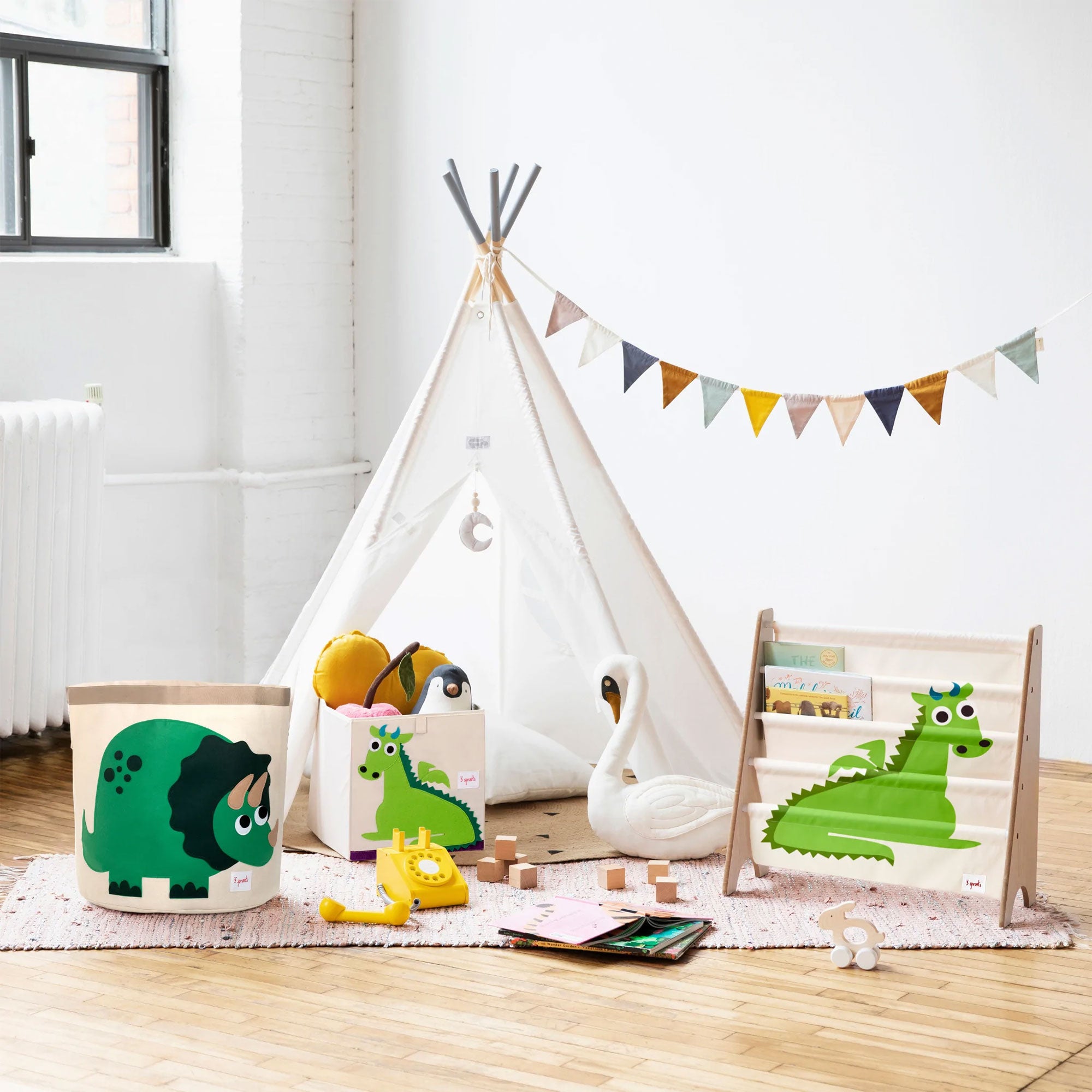 3 Sprouts Kids Childrens Foldable Felt Storage Cube Bin Box, Green Dragon - VMInnovations