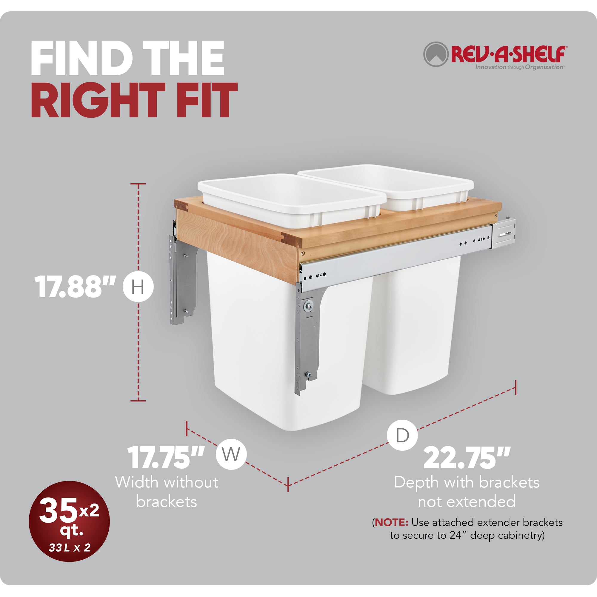 Rev-A-Shelf Double Pullout Top Mount Trash Cans 35 qt., White, 4WCTM-21DM2-162