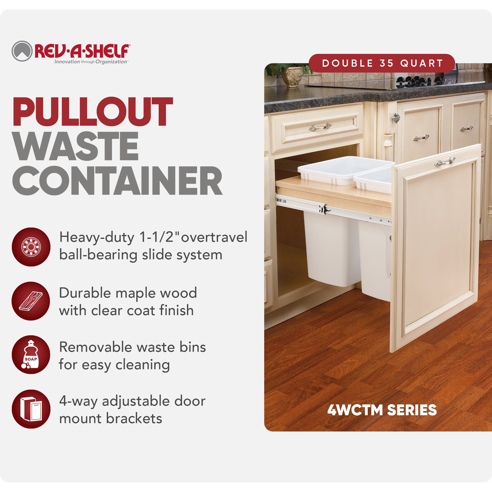 Rev-A-Shelf Double Pullout Top Mount Trash Can 35 qt., White, 4WCTM-24DM2