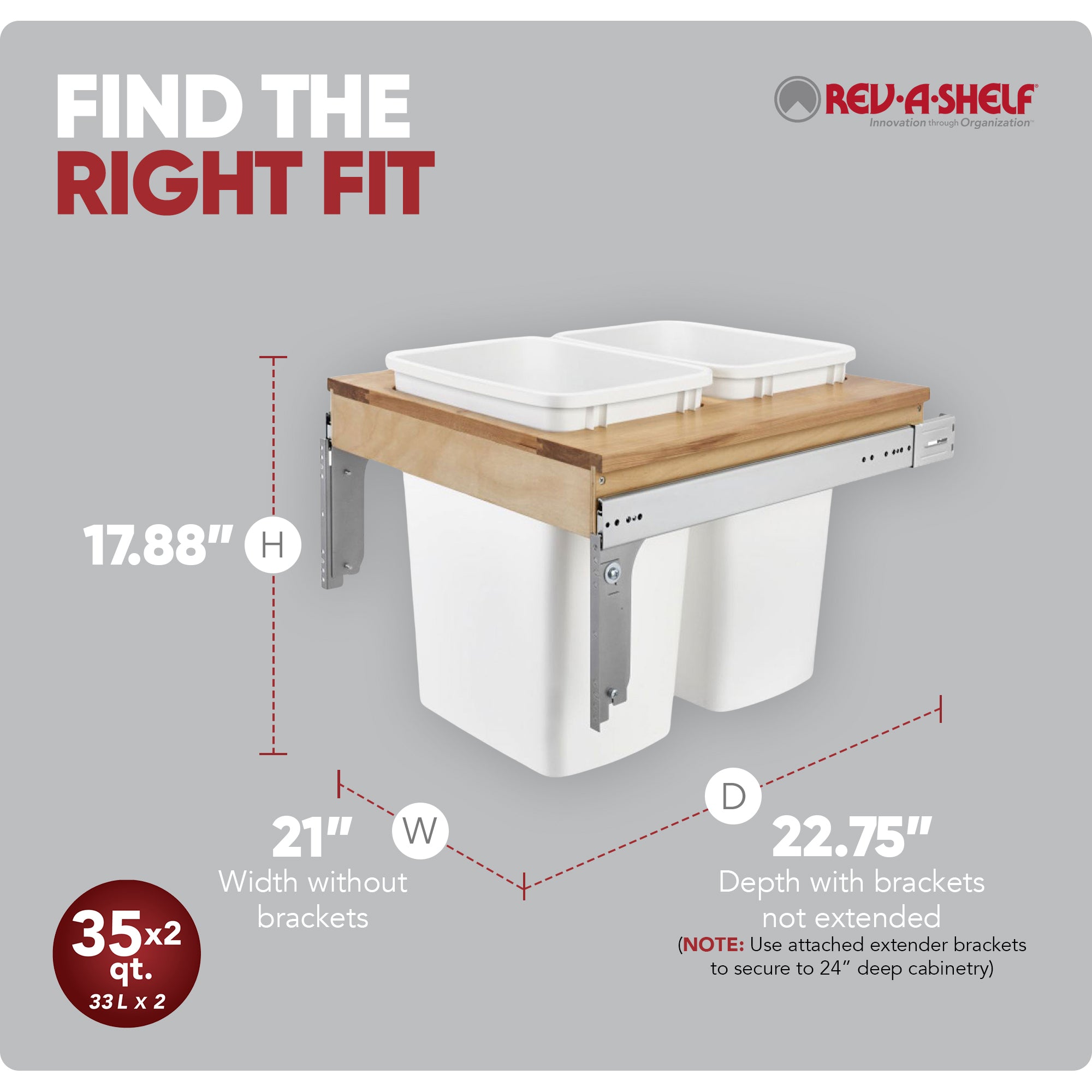 Rev-A-Shelf Double Pullout Top Mount Trash Can 35 qt., White, 4WCTM-24DM2