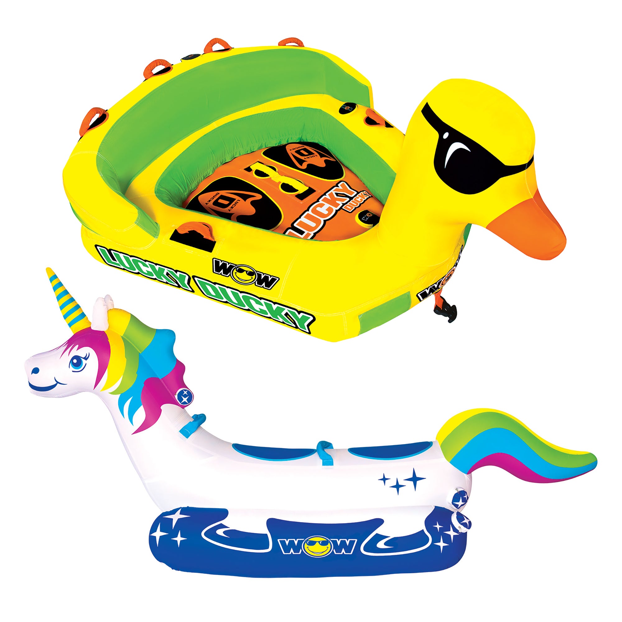 WOW Watersports Mega Ducky 2 Person Boating Tube and Rainbow Unicorn Lake Tube