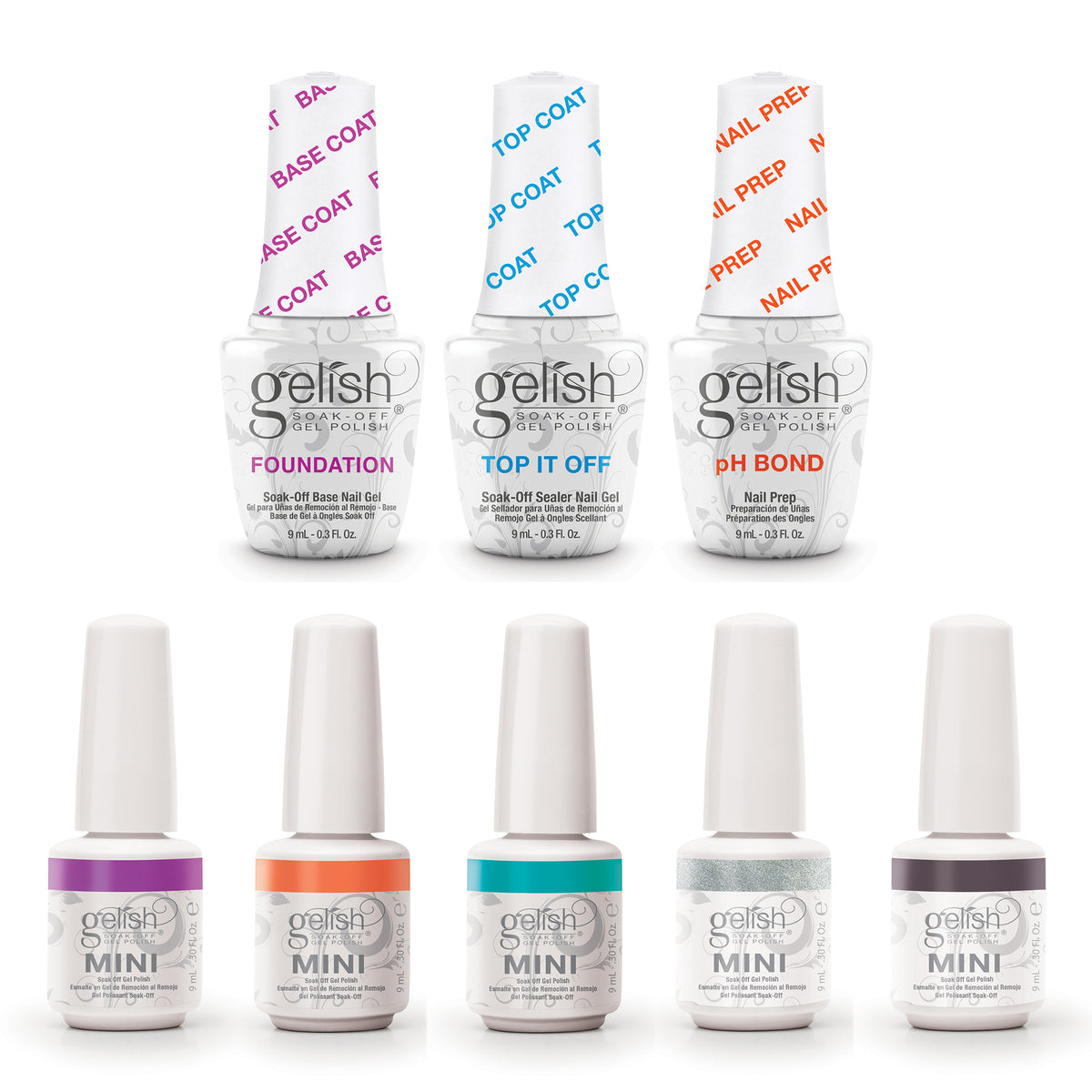 Gelish Terrific Trio Essentials Soak Off Gel Nail Polish Kit and 5 Polish Colors