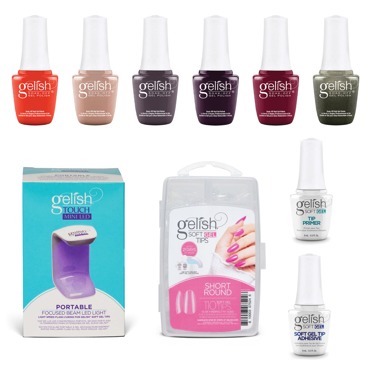 Gelish 110 Tip Kit w/ Mini Cure Light & Soak Off Gel Mini Rendezvous, 6 Colors