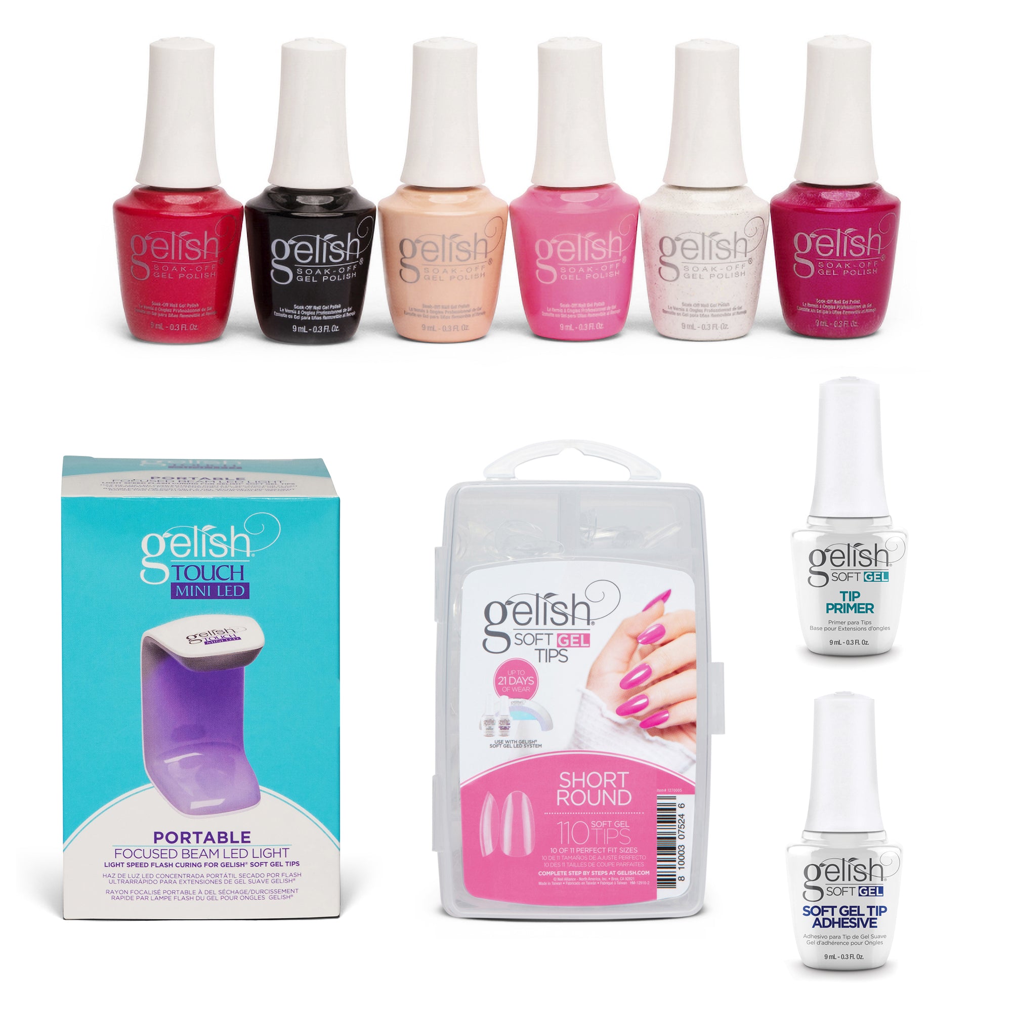Gelish 110 Tip Kit w/ Mini Cure Light & Soak Off Gel Forever Fabulous, 6 Colors - VMInnovations