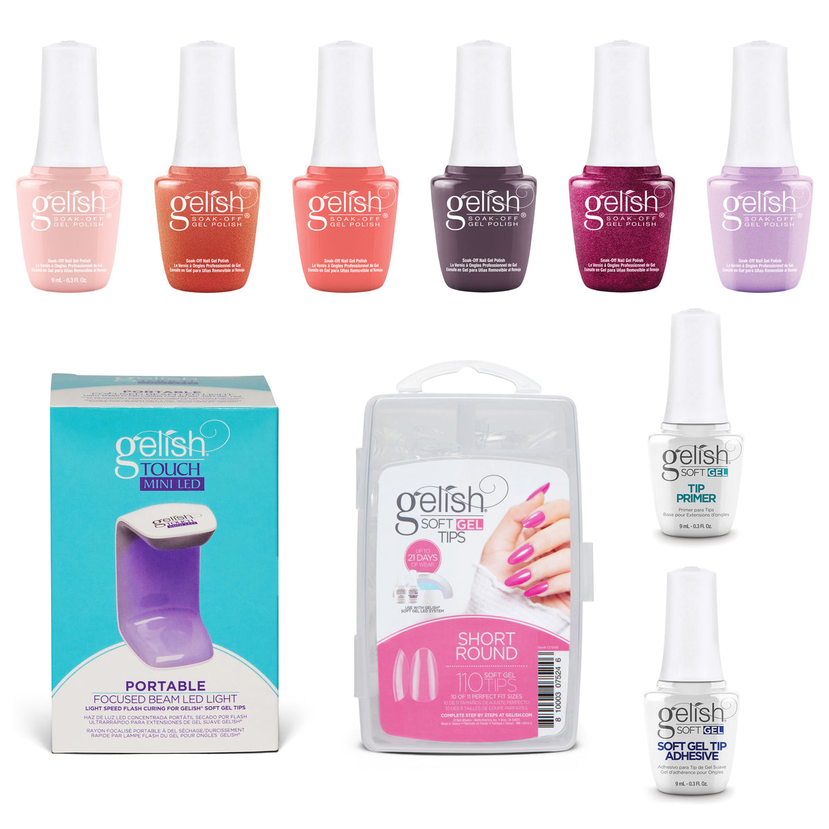 Gelish 110 Tip Kit w/ Mini Cure Light & 6 Color Soak Off Gel Sunrise Collection