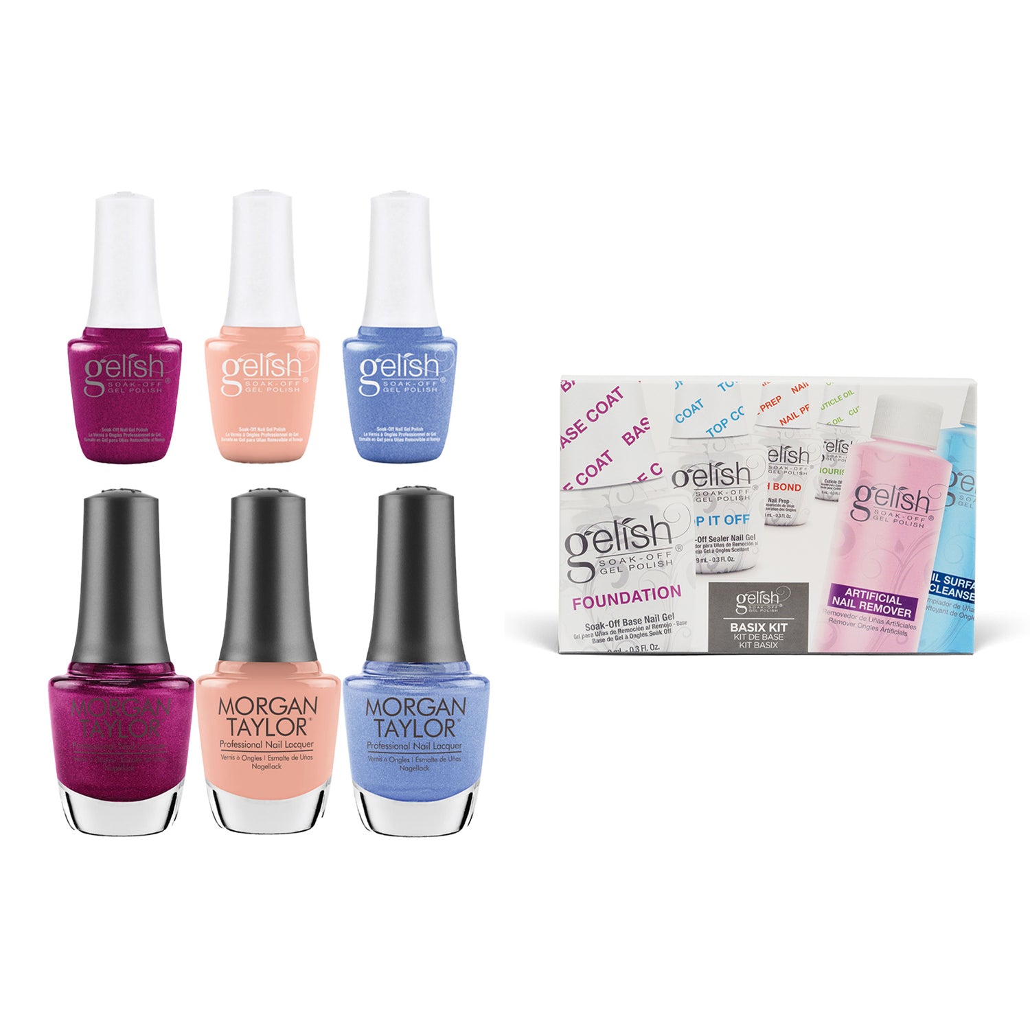 Gelish Morgan Taylor Feel the Vibes Gel Polish and Lacquer Set & Basix Care Kit - VMInnovations