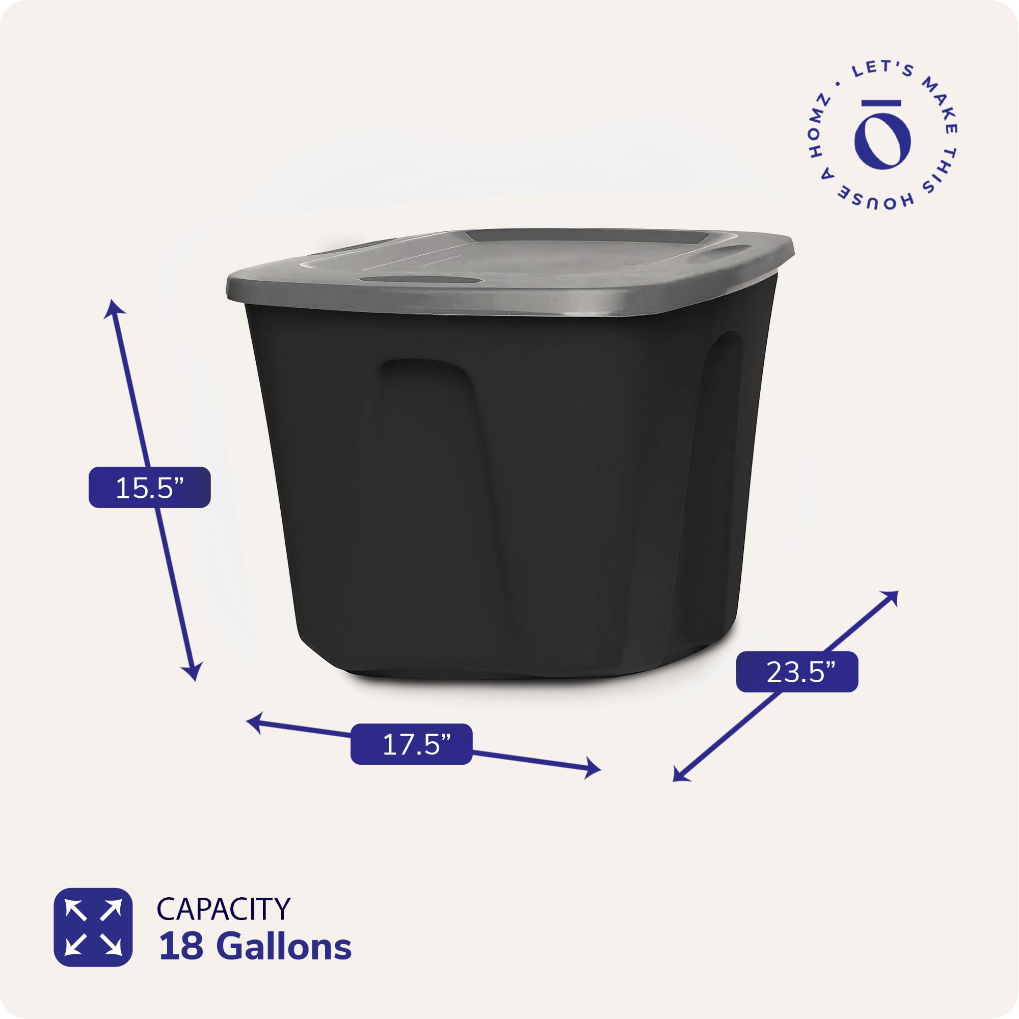 Homz 6618BKTS.08 18 Gal Molded Plastic Storage Bin w/ Lid, Black/Gray (Open Box)