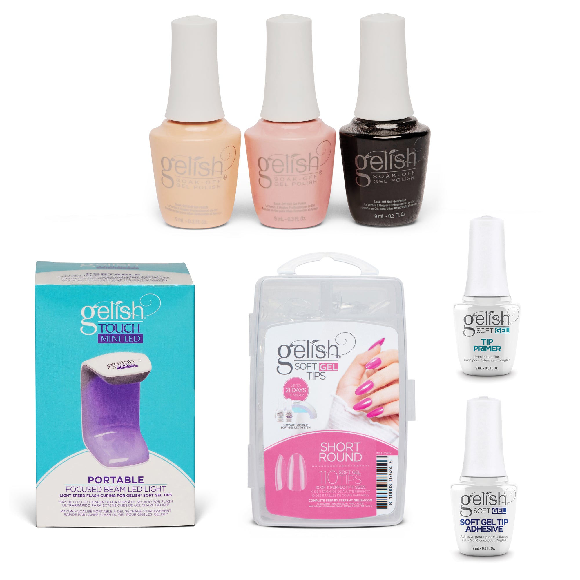 Gelish 110 Tip Kit w/ Mini Cure Light & Soak Off Gel Classic Pack, 3 Colors