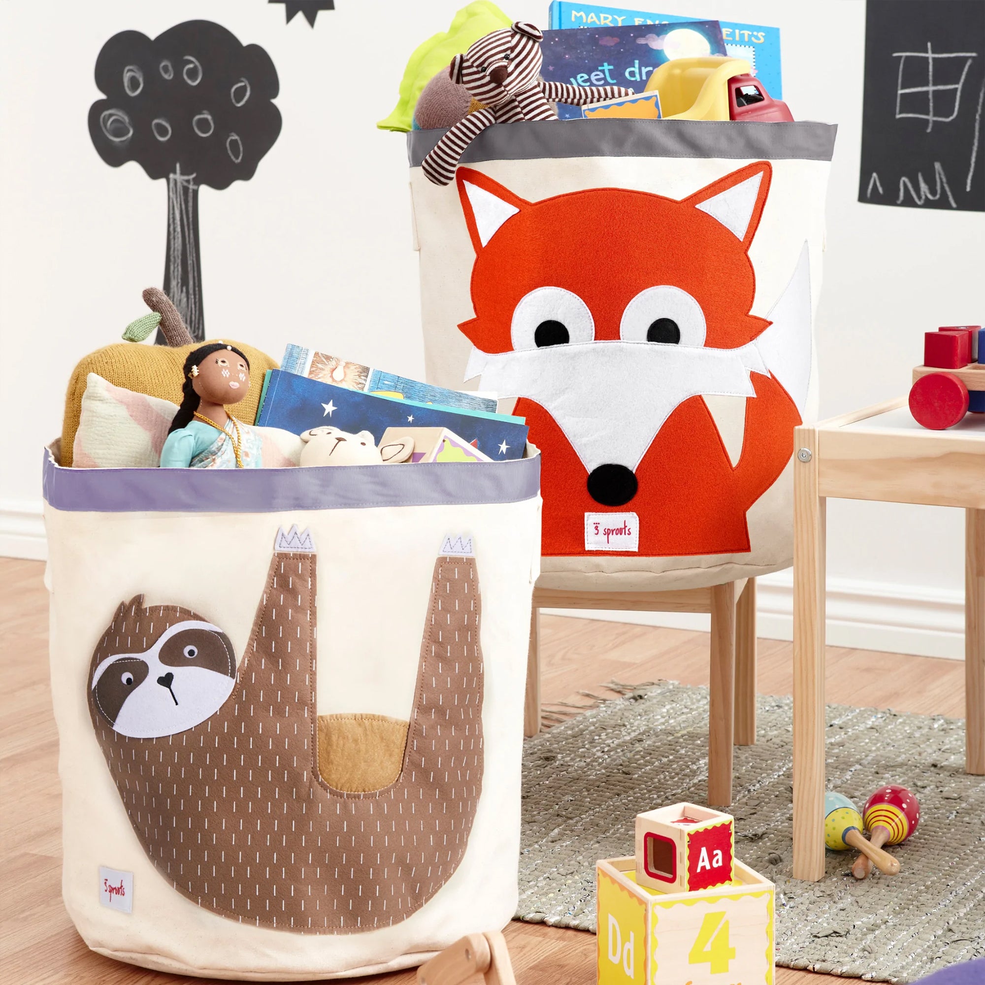 3 Sprouts Canvas Storage Bin Laundry and Toy Basket for Kids, Shark and Sloth