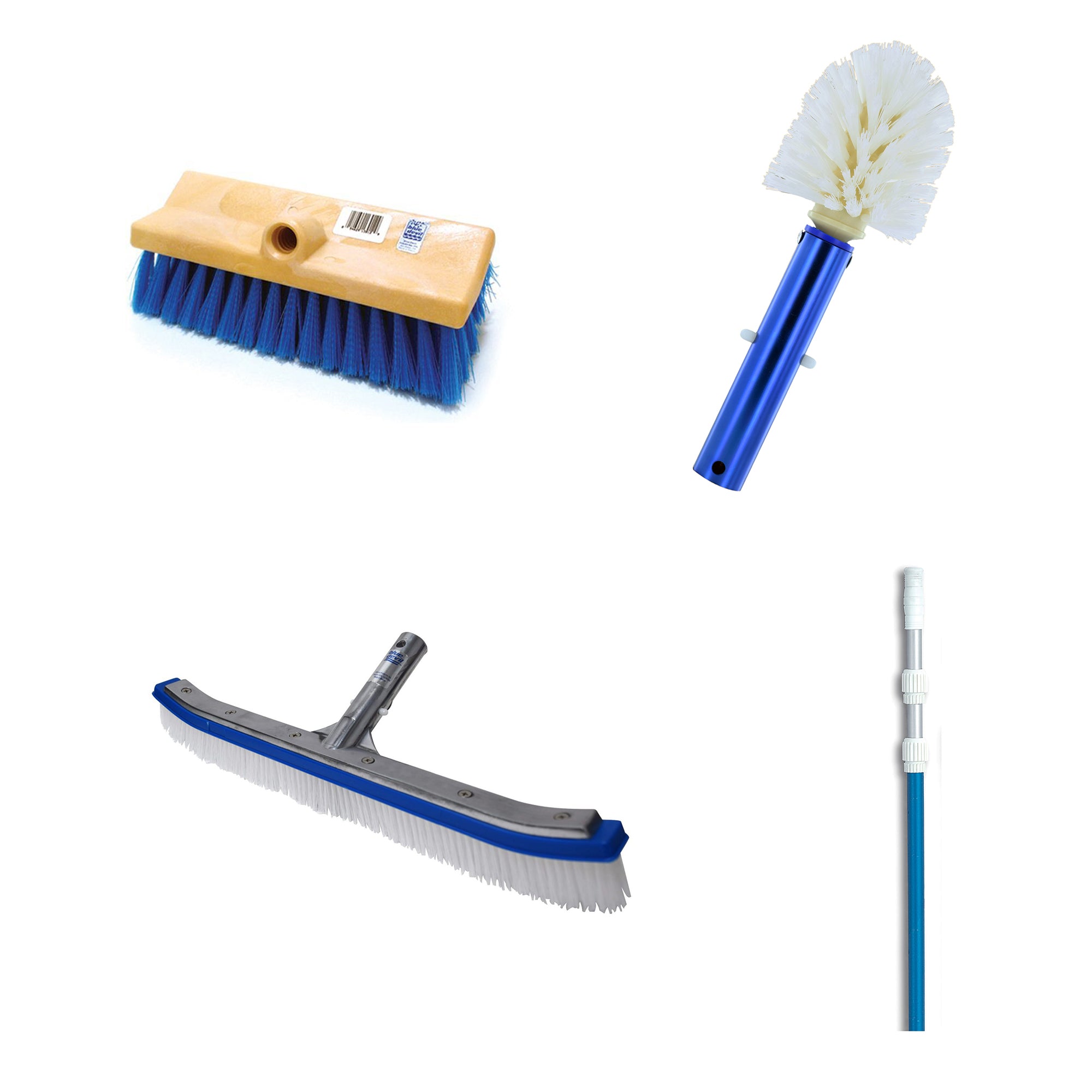 Blue Devil 18 Inch Brush, 360 Brush, Deck N Acid Brush and Swimline 15 Foot Pole
