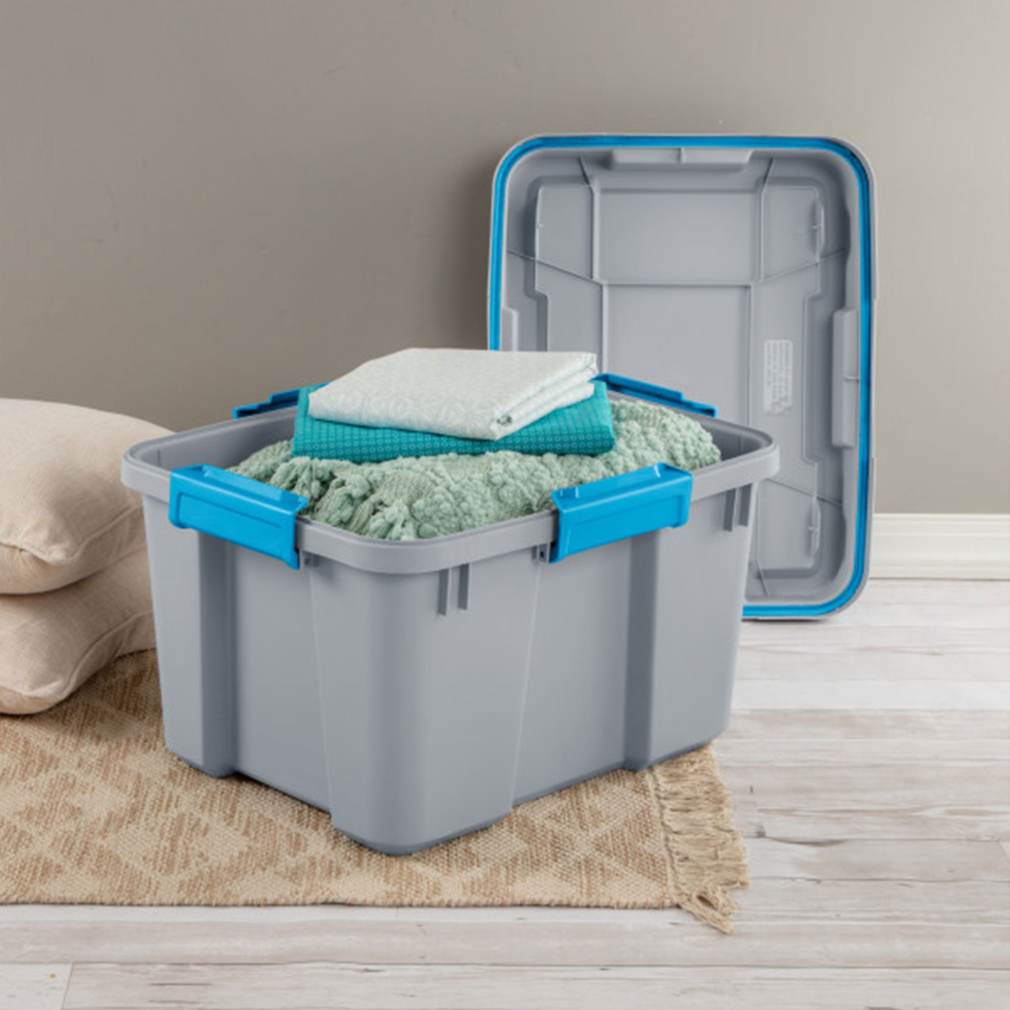 Sterilite 20 Gallon Plastic Gasket Storage Container w/ Lid, Cement Gray/Blue - VMInnovations