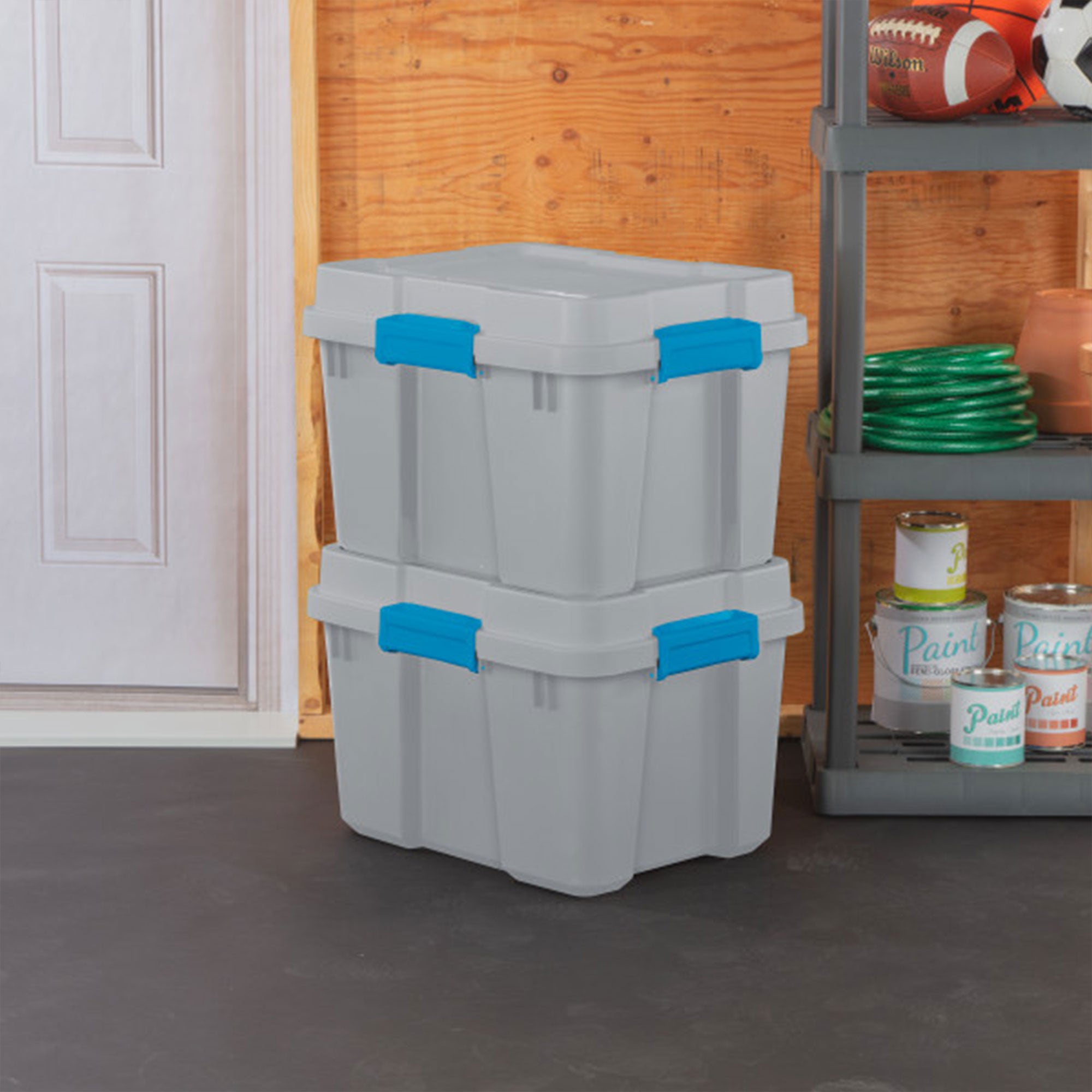 Sterilite 20 Gallon Plastic Gasket Storage Container w/ Lid, Cement Gray/Blue - VMInnovations