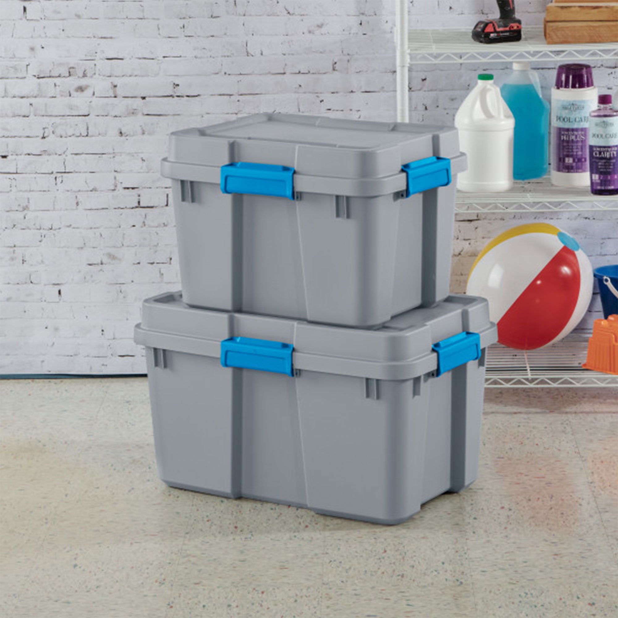 Sterilite 20 Gallon Plastic Gasket Storage Container w/ Lid, Cement Gray/Blue - VMInnovations