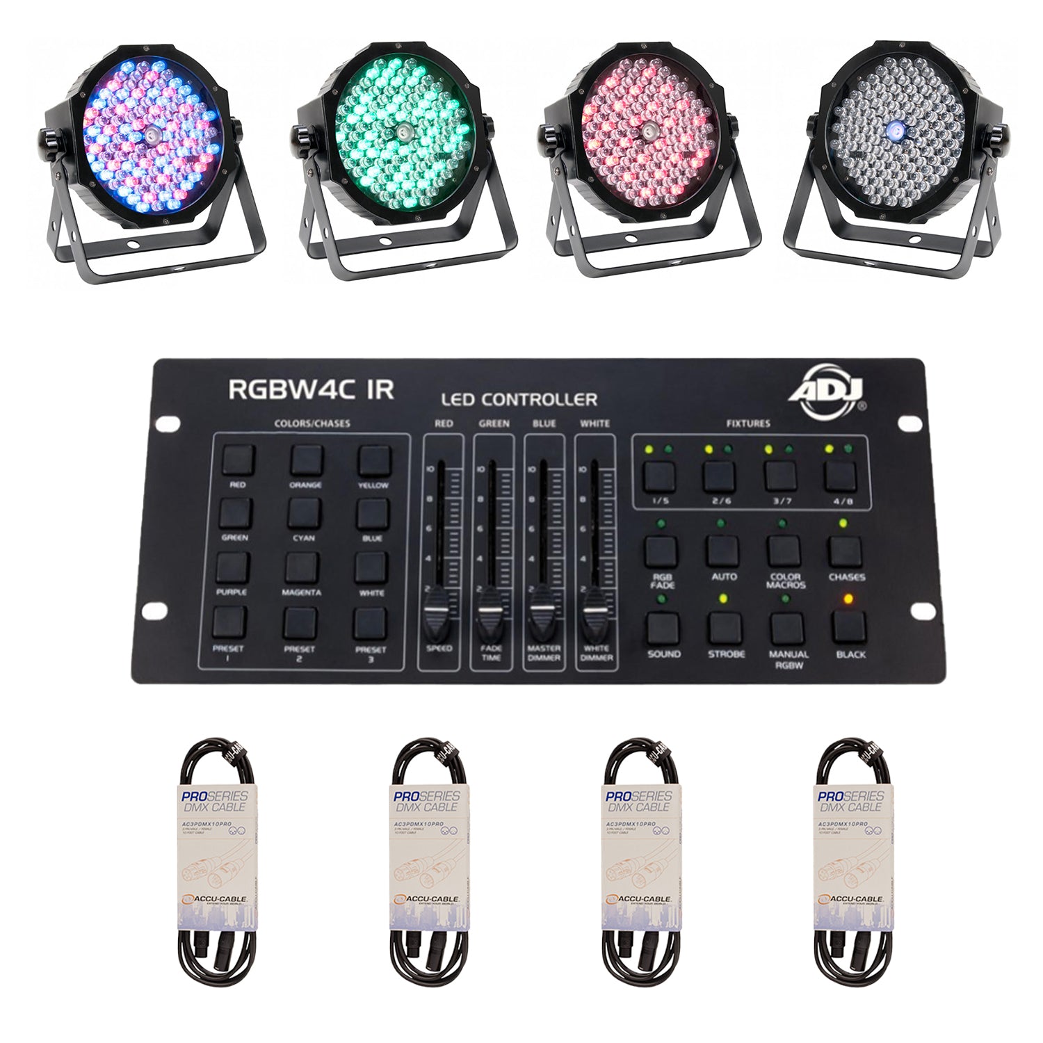 ADJ Mega RGB+UV Can Light (4 Pack) & Lighting Controller & DMX Cable (4 Pack)