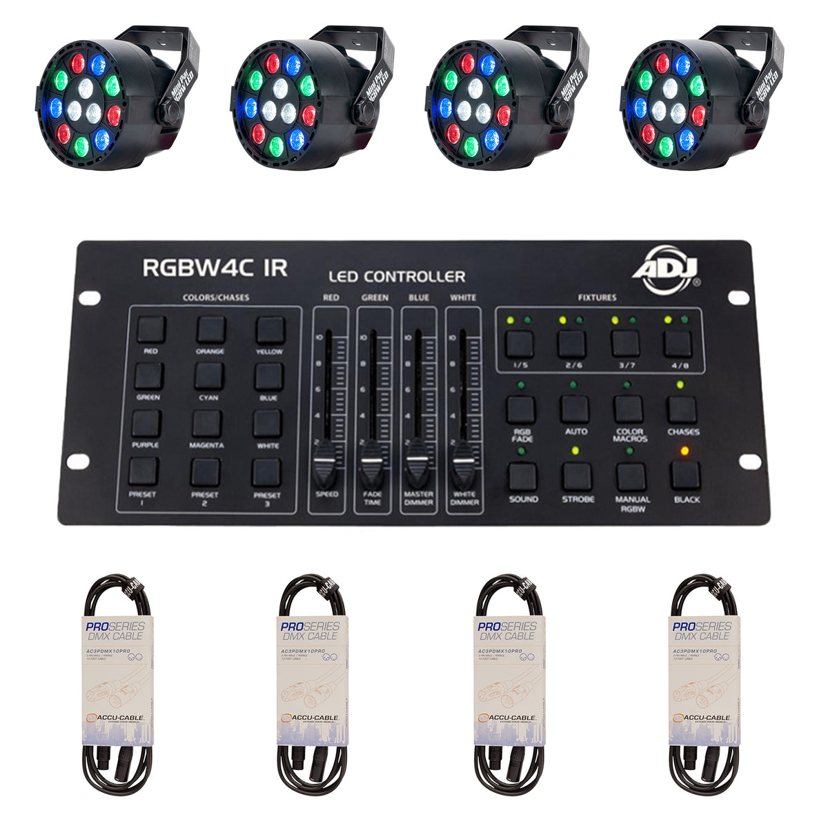 ADJ 1W LED Hanging Light Fixture (4 Pack) & Lighting Controller & Cable (4 Pack)