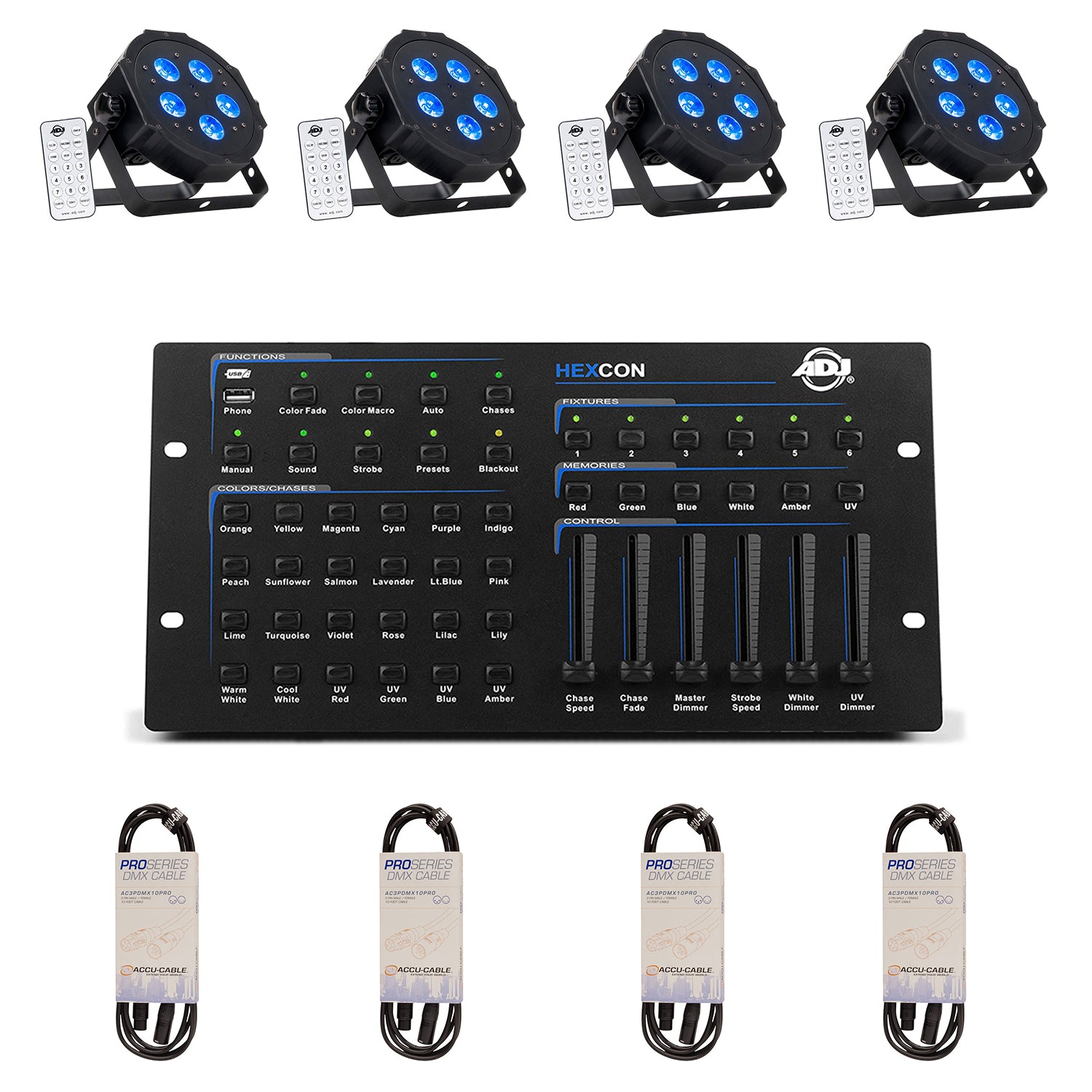 ADJ Mega Hex LED Can Light (4 Pack) & DJ Controller & DMX 10 Ft Cable (4 Pack)
