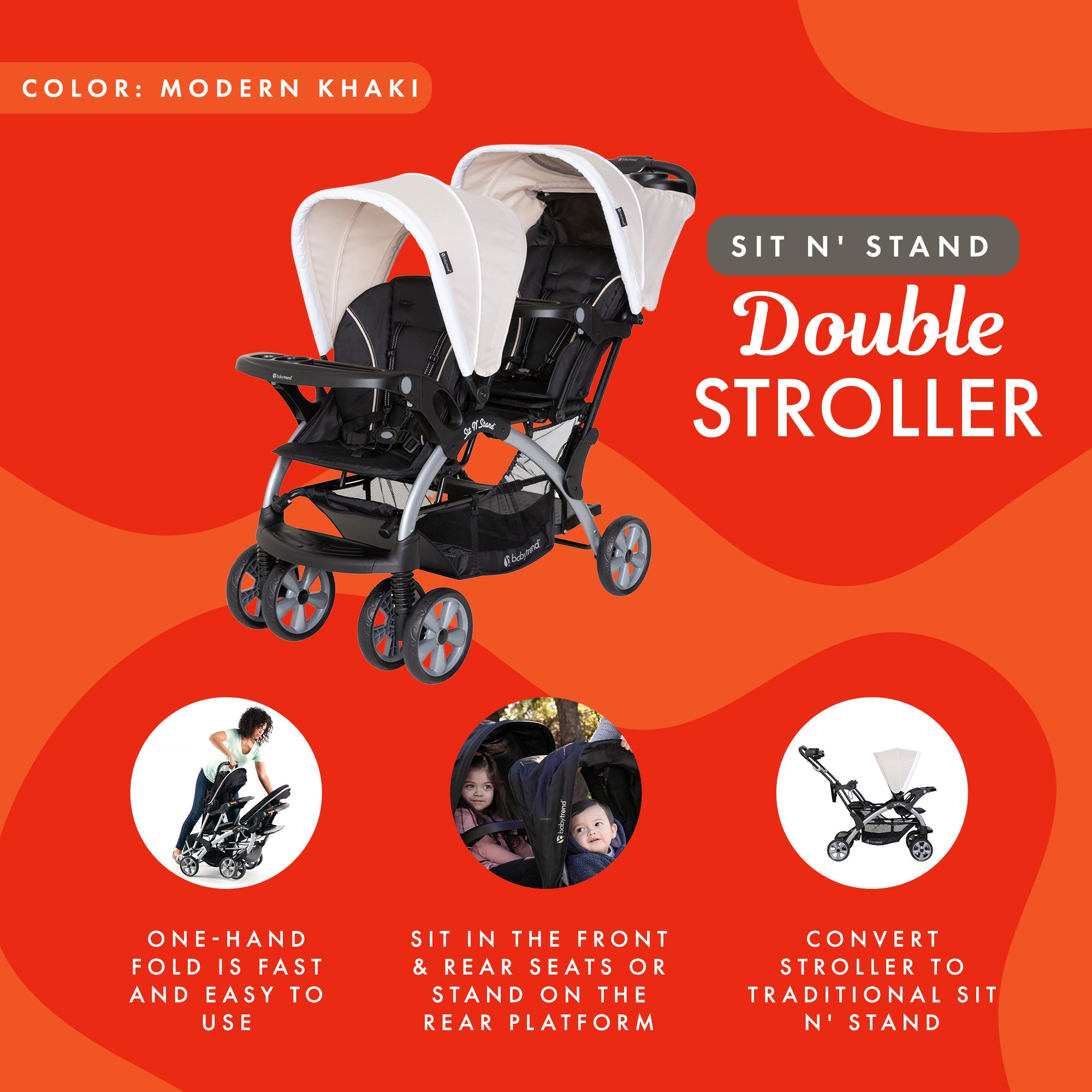 Baby Trend Sit N' Stand Easy Fold Travel Toddler & Baby Double Stroller, Khaki - VMInnovations
