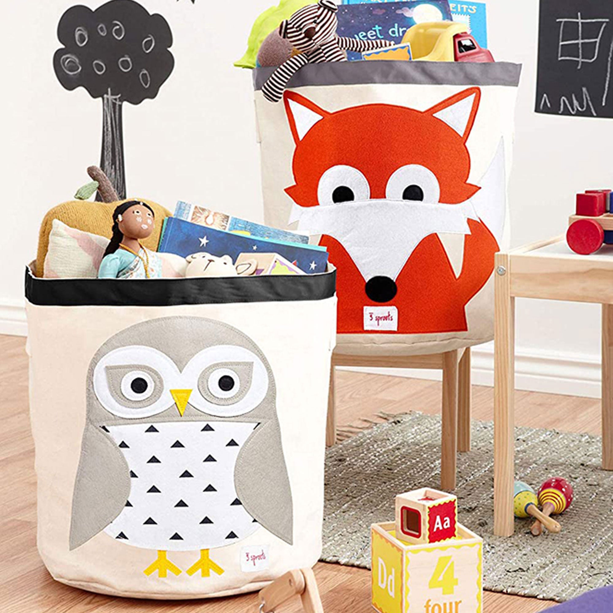 3 Sprouts Canvas Storage Bin and Toy Basket for Baby & Toddlers, Owl & Raccoon