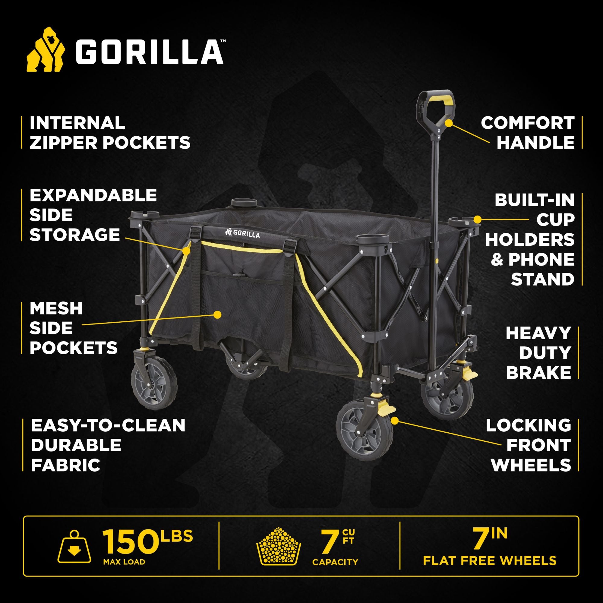 Gorilla Carts 7 Cu Ft Collapsible Outdoor Utility Wagon,Oversize Bed, Black