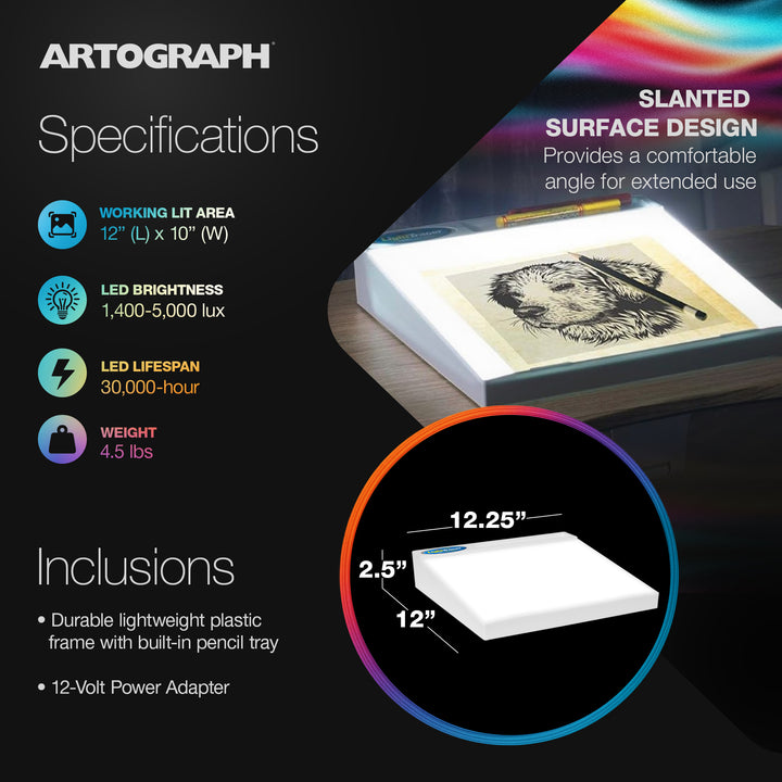 Artograph LightTracer LED Lightbox, 12" x 10" Drawing Board with Storage Tray - VMInnovations