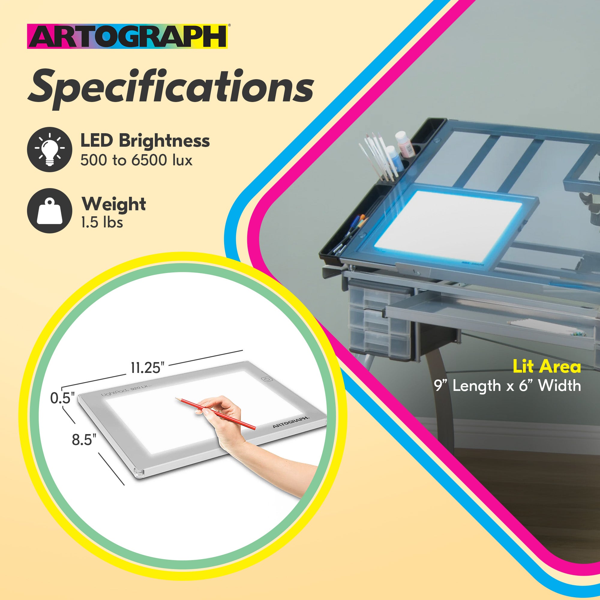 Artograph Featherweight 9"x6" Dimmable Slim Lightpad + PadPucks Stackable Stand