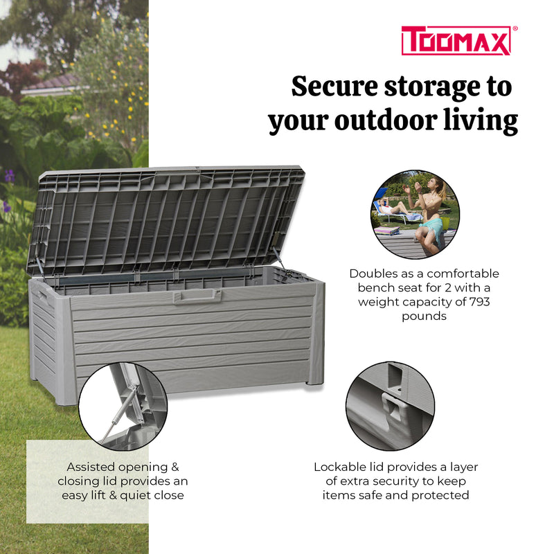 Toomax Florida Outdoor Deck Bin Storage Box Bench Waterproof 145 Gallon (Grey)