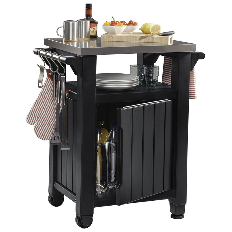 Keter Unity 40 Gal Patio Storage Grilling Bar Cart w/ Stainless Steel Top, Grey - VMInnovations