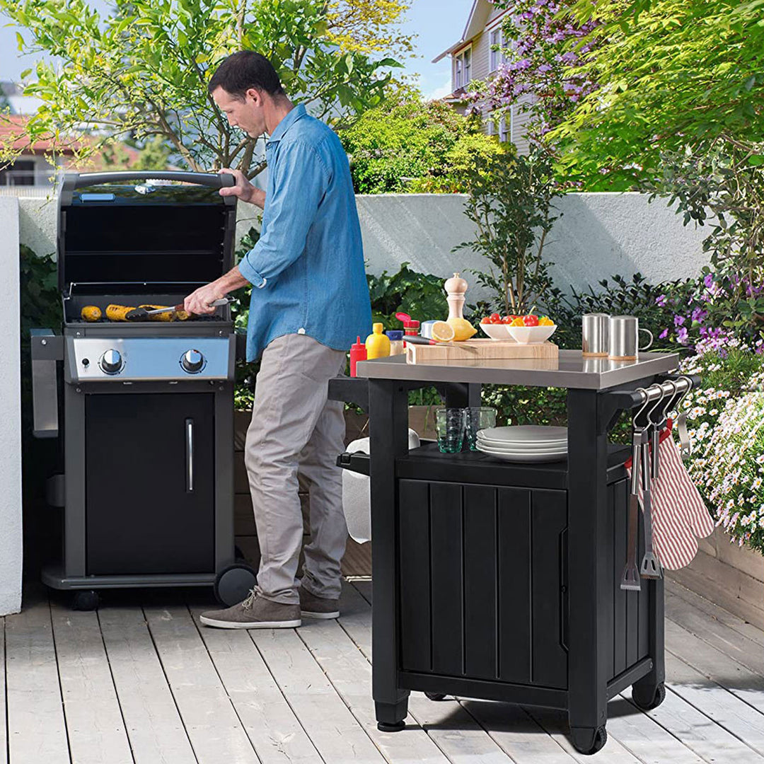 Keter Unity 40 Gal Patio Storage Grilling Bar Cart w/ Stainless Steel Top, Grey - VMInnovations