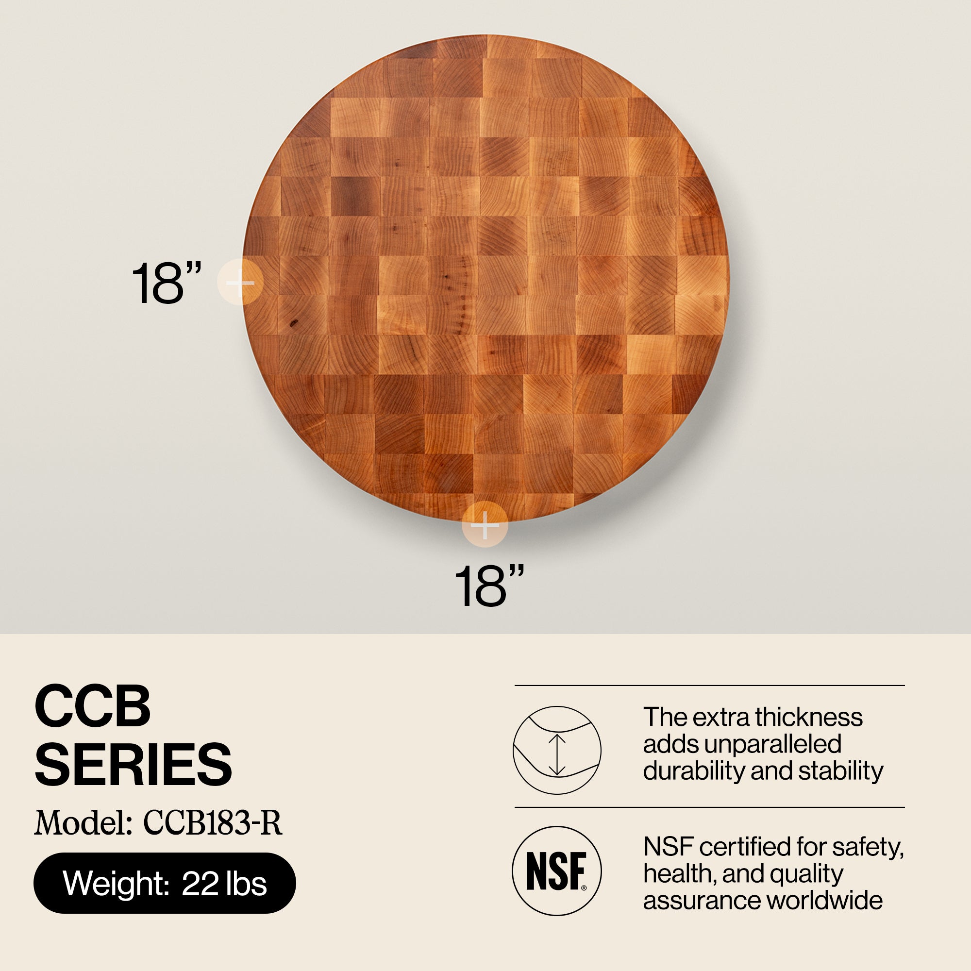John Boos Maple Wood End Grain Round Board for Kitchen, 18" x 18" x 3"